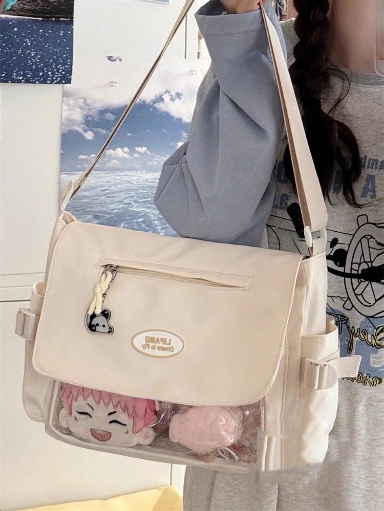 College Student Preppy Style Nylon Crossbody Bags Women With Badges Display Plate Large-capacity Shoulder Bag Back to School Gift School Bags For Teenage Girls Kawaii Itabag Clear Transparent DIY Ita Bag For Dolls Bolso Mujer