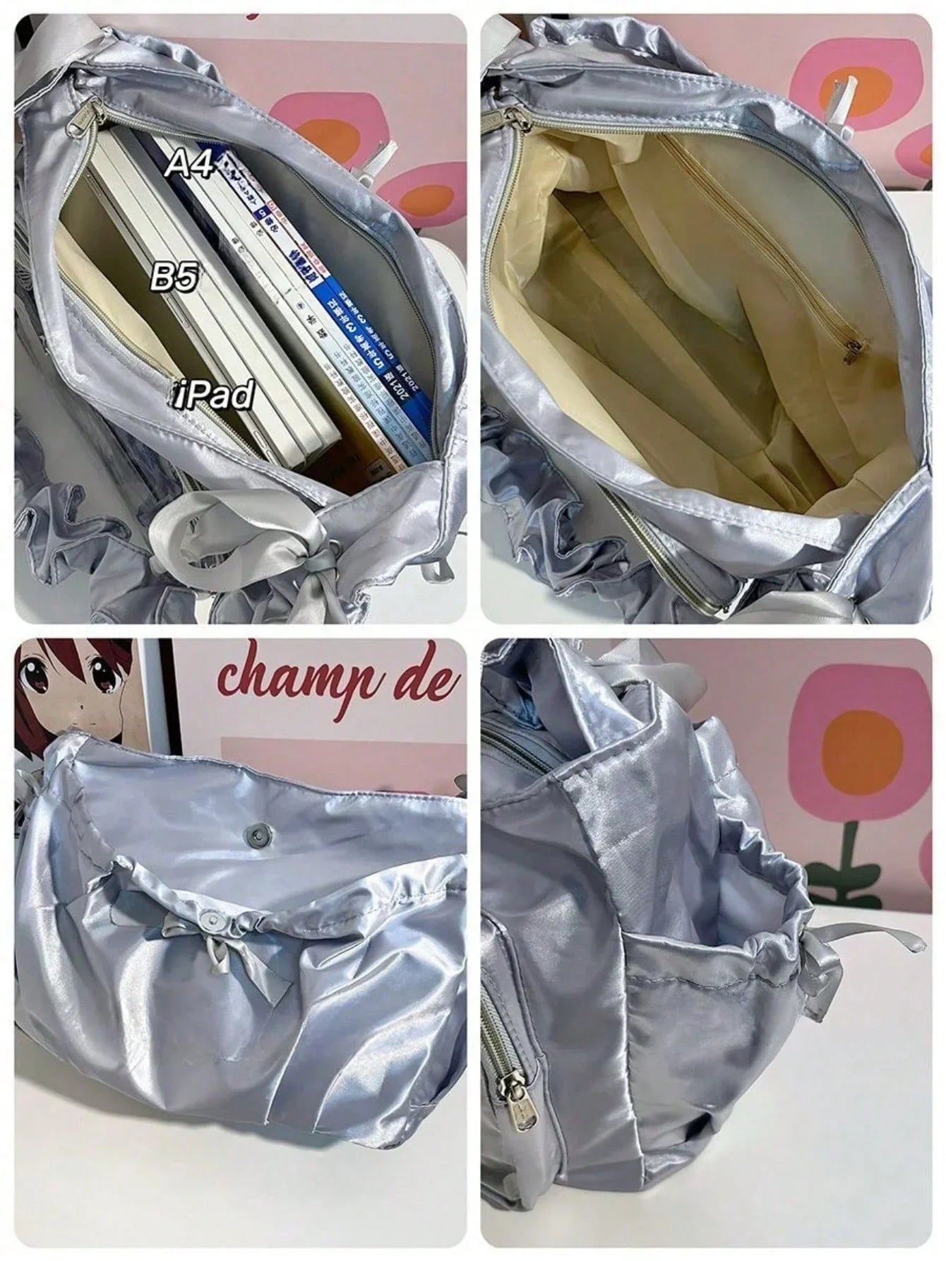 satin ita bag silver interior a4 b5 ipad yellow lining snap pocket side zip pocket detail