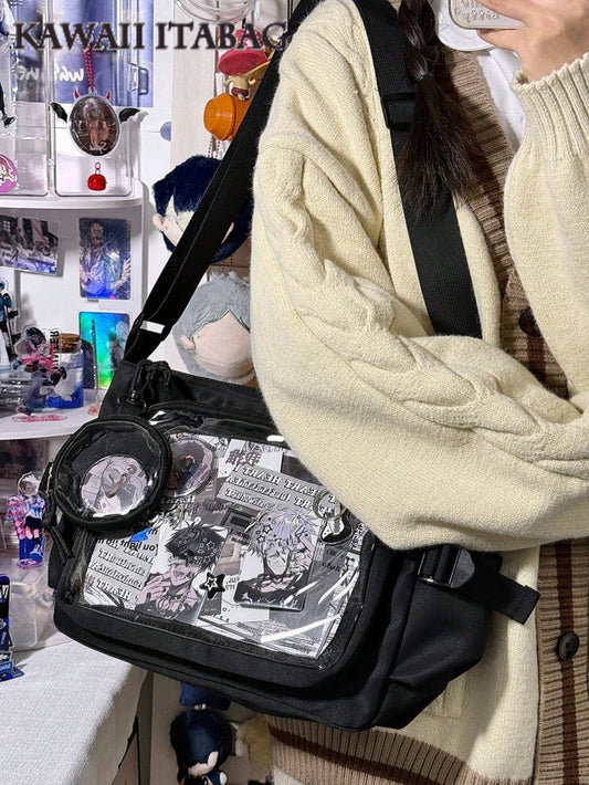 Cute-Lolita Shoulder Bag Nylon Messenger Bag Girl Y2K Japanese Ita Bag Girls Back To School Crossbody Bags Women New 2025 Ita Bag With Mini Badges Round Bag Clear Bag Transparent DIY PUT Badges Cards Bag With Badges Display Plate Fashion Japanese College