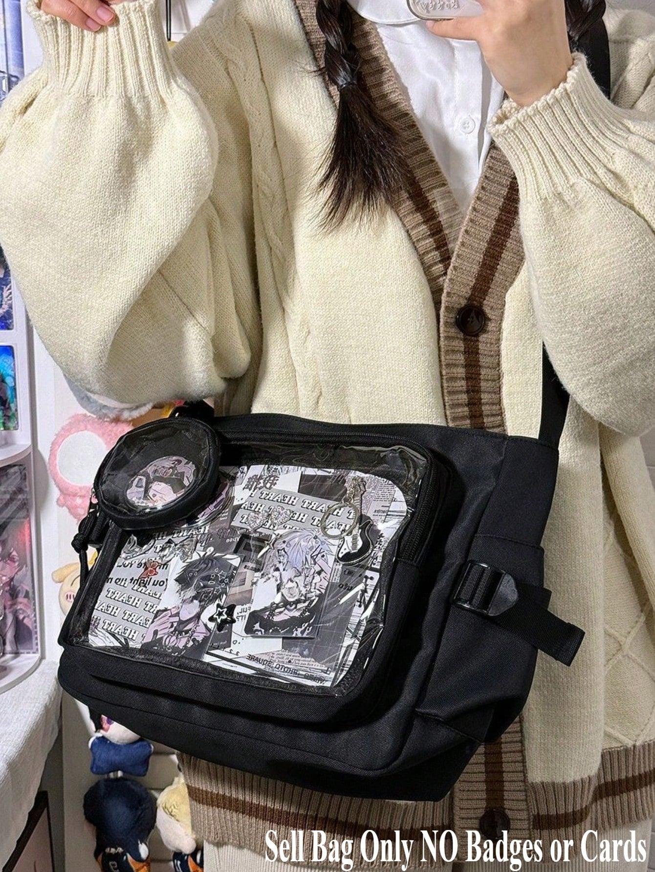 Y2K Japanese Ita Bag Girls Back To School Crossbody Bags Women New 2025 Ita Bag With Mini Badges Round Bag Cute-Lolita Shoulder Bag Nylon Messenger Bag Girl Clear Bag Transparent DIY PUT Badges Cards Bag With Badges Display Plate Fashion Japanese College