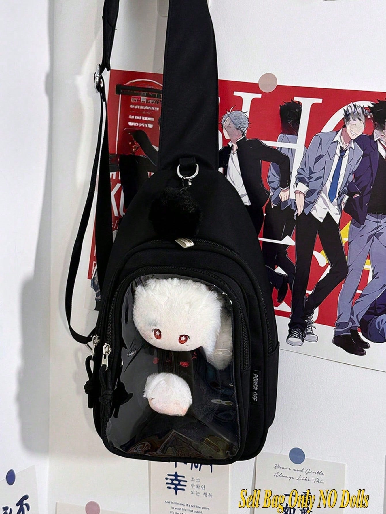 Kawaii Ita Crossbody Sling Bag for 10CM Plush – Clear Display Pocket with Insert Board | Cute Nylon Backpack for Girls, School, Anime & Comic Con Transparent Pocket, School Shoulder Bag for College Girls & Anime Fans