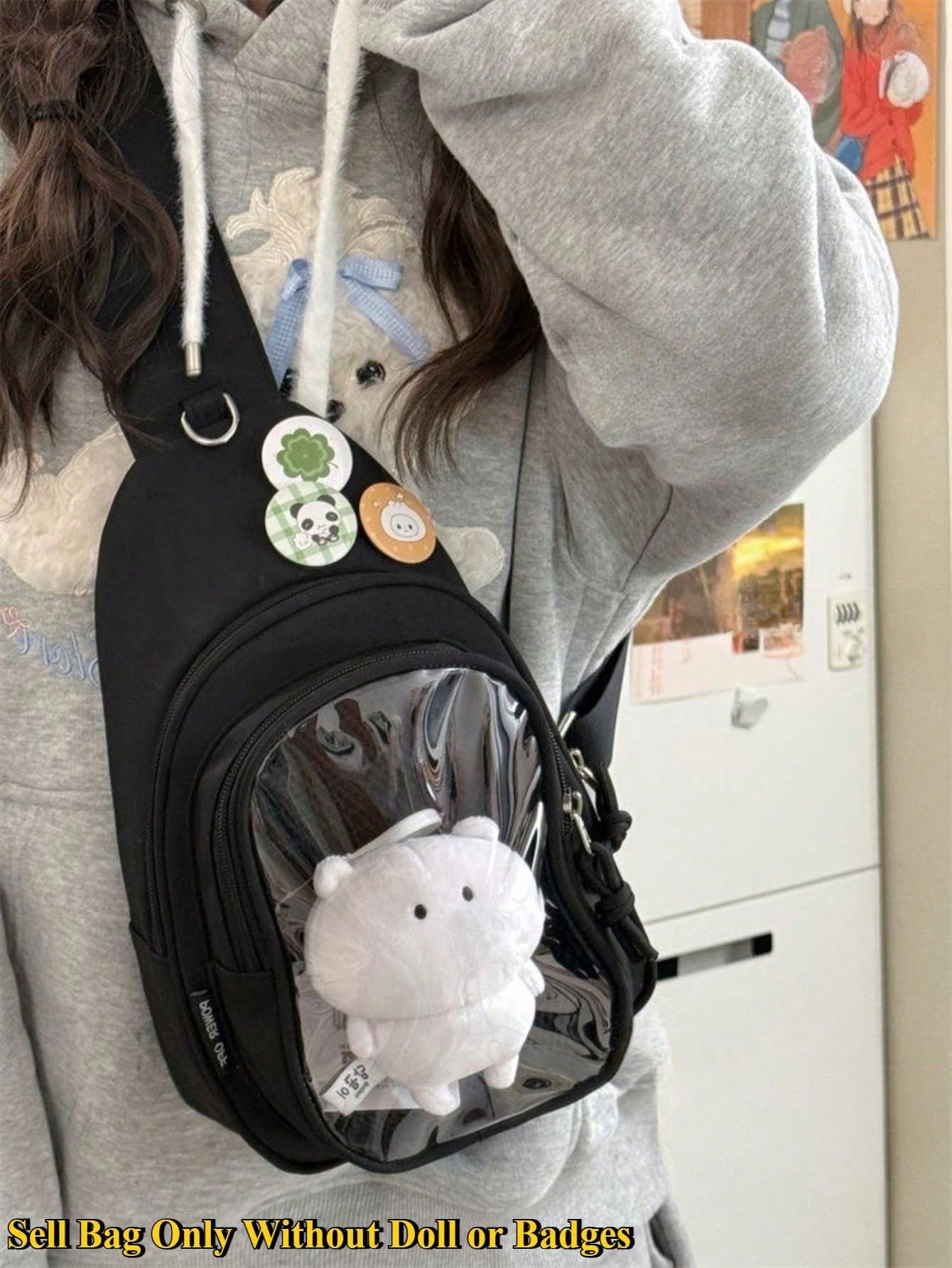 Kawaii Ita Crossbody Sling Bag for 10CM Plush – Clear Display Pocket with Insert Board | Cute Nylon Backpack for Girls, School, Anime & Comic Con Transparent Pocket, School Shoulder Bag for College Girls & Anime Fans