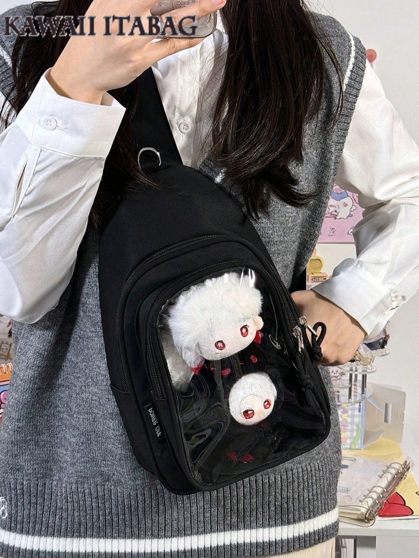 Kawaii Ita Crossbody Sling Bag for 10CM Plush – Clear Display Pocket with Insert Board | Cute Nylon Backpack for Girls, School, Anime & Comic Con Transparent Pocket, School Shoulder Bag for College Girls & Anime Fans