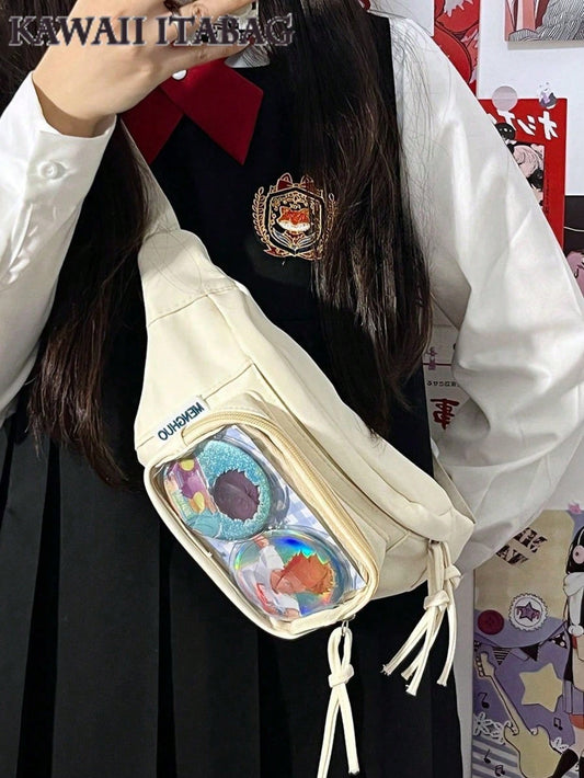 Preppy Style Chest Bag Women Kawaii Japanese Harajuku Waist Bag Nylon Crossbody Bags Clear Transparent Bag Sling Bag Purses And Handbags With Badges Display Plate Anime Fans Pack New Back Pack Fashion Cross Body DIY Bag New Chest Bag Women