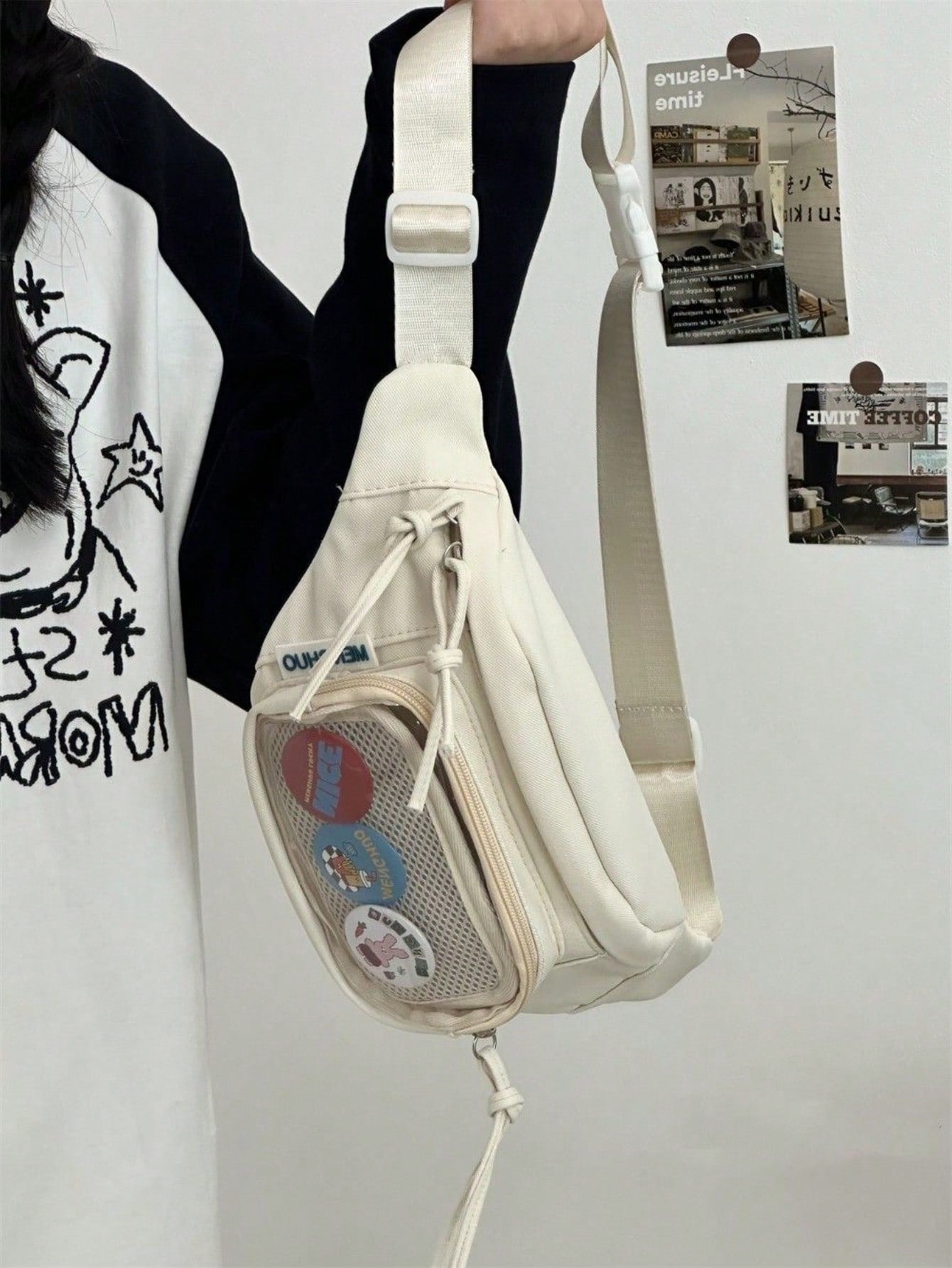 Preppy Style Chest Bag Women Kawaii Japanese Harajuku Waist Bag Nylon Crossbody Bags Clear Transparent Bag Sling Bag Purses And Handbags With Badges Display Plate Anime Fans Pack New Back Pack Fashion Cross Body DIY Bag New Chest Bag Women