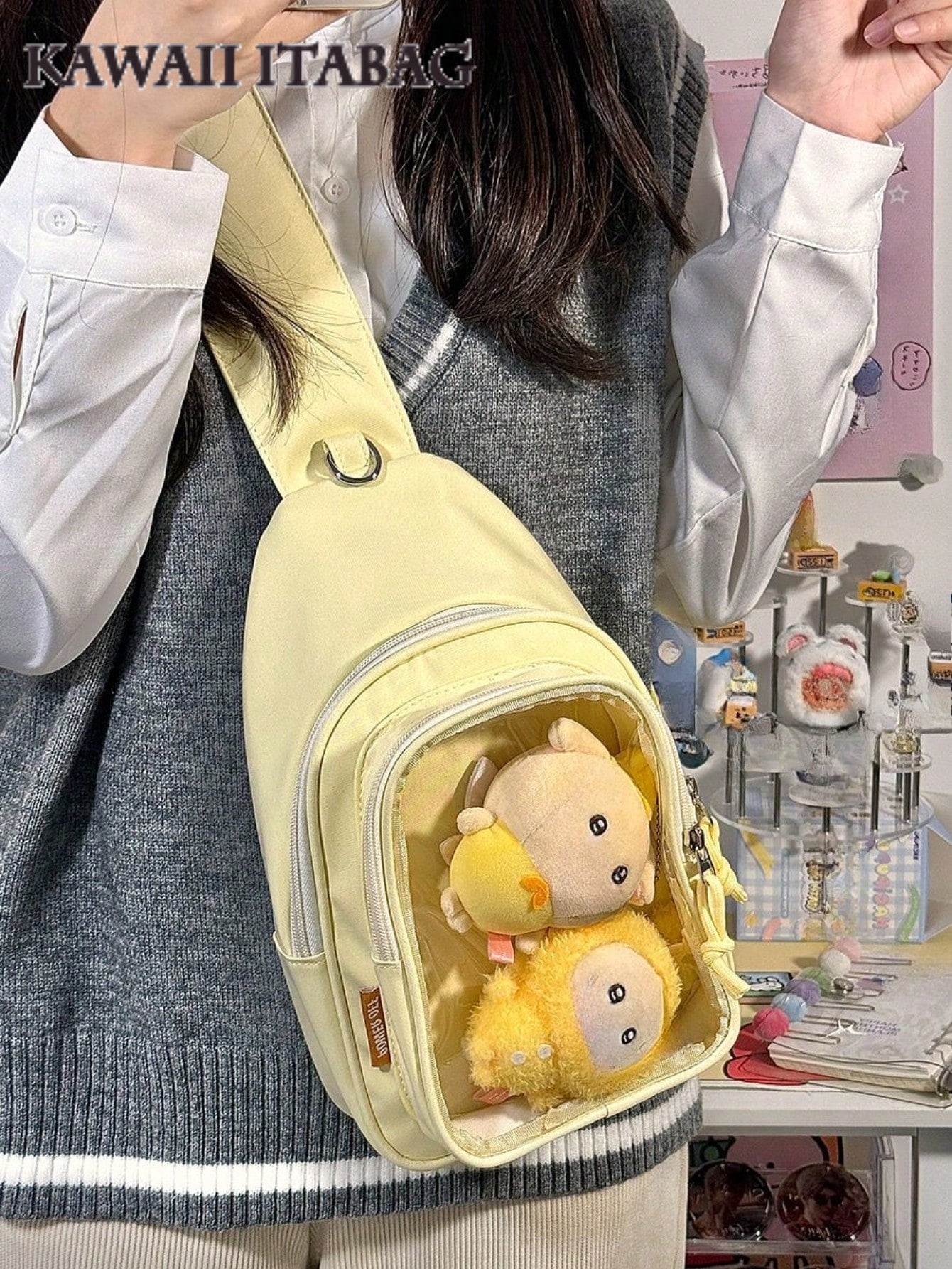 Kawaii Ita Crossbody Sling Bag for 10CM Plush – Clear Display Pocket with Insert Board | Cute Nylon Backpack for Girls, School, Anime & Comic Con Transparent Pocket, School Shoulder Bag for College Girls & Anime Fans