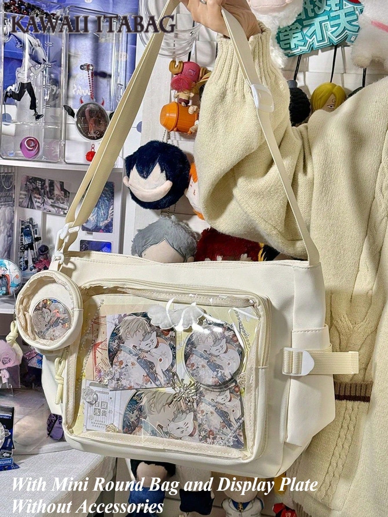Cute-Lolita Shoulder Bag Nylon Messenger Bag Girl Y2K Japanese Ita Bag Girls Back To School Crossbody Bags Women New 2025 Ita Bag With Mini Badges Round Bag Clear Bag Transparent DIY PUT Badges Cards Bag With Badges Display Plate Fashion Japanese College