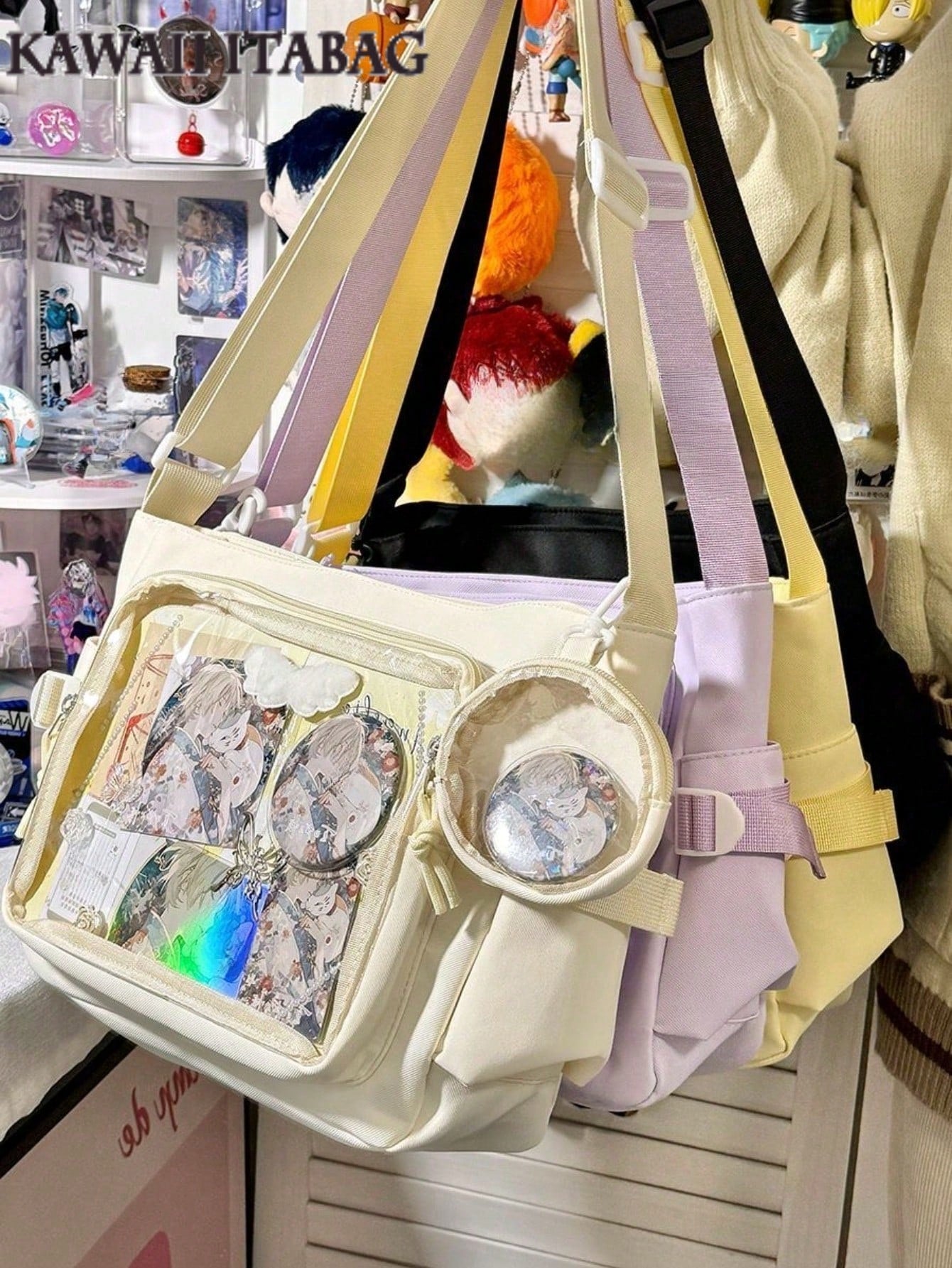 Y2K Japanese Ita Bag Girls Back To School Crossbody Bags Women New 2025 Ita Bag With Mini Badges Round Bag Cute-Lolita Shoulder Bag Nylon Messenger Bag Girl Clear Bag Transparent DIY PUT Badges Cards Bag With Badges Display Plate Fashion Japanese College
