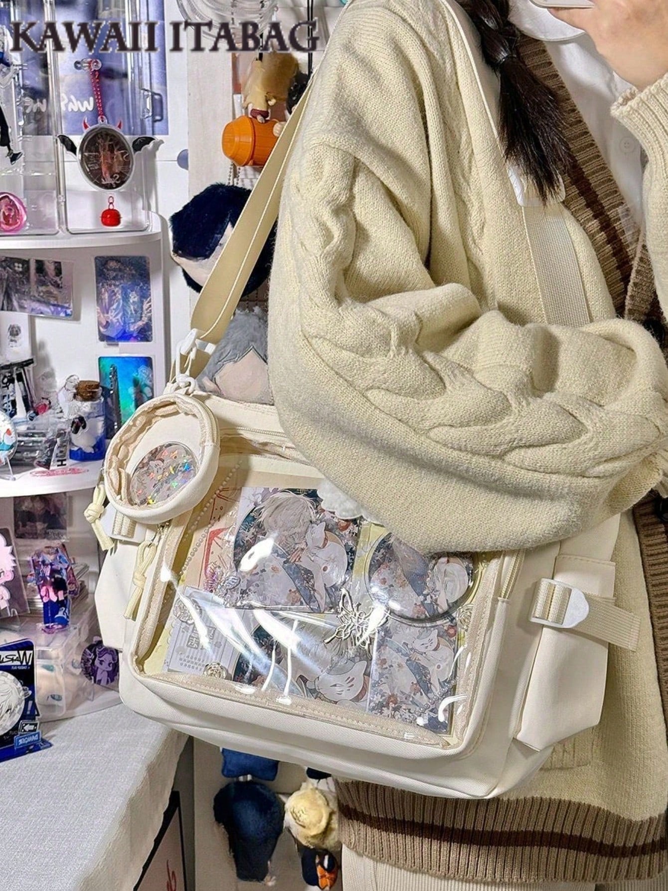 Y2K Japanese Ita Bag Girls Back To School Crossbody Bags Women New 2025 Ita Bag With Mini Badges Round Bag Cute-Lolita Shoulder Bag Nylon Messenger Bag Girl Clear Bag Transparent DIY PUT Badges Cards Bag With Badges Display Plate Fashion Japanese College