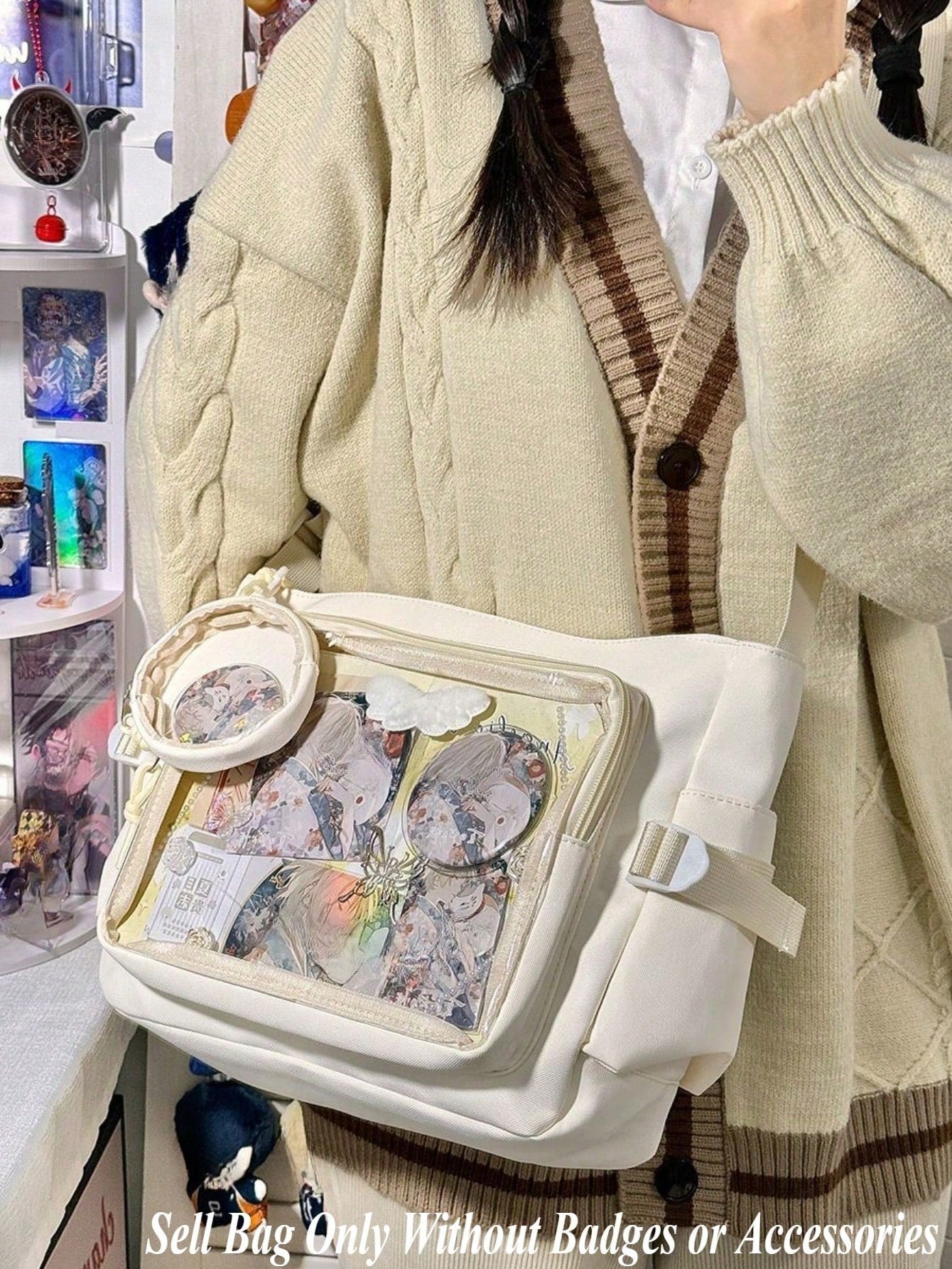 Cute-Lolita Shoulder Bag Nylon Messenger Bag Girl Y2K Japanese Ita Bag Girls Back To School Crossbody Bags Women New 2025 Ita Bag With Mini Badges Round Bag Clear Bag Transparent DIY PUT Badges Cards Bag With Badges Display Plate Fashion Japanese College