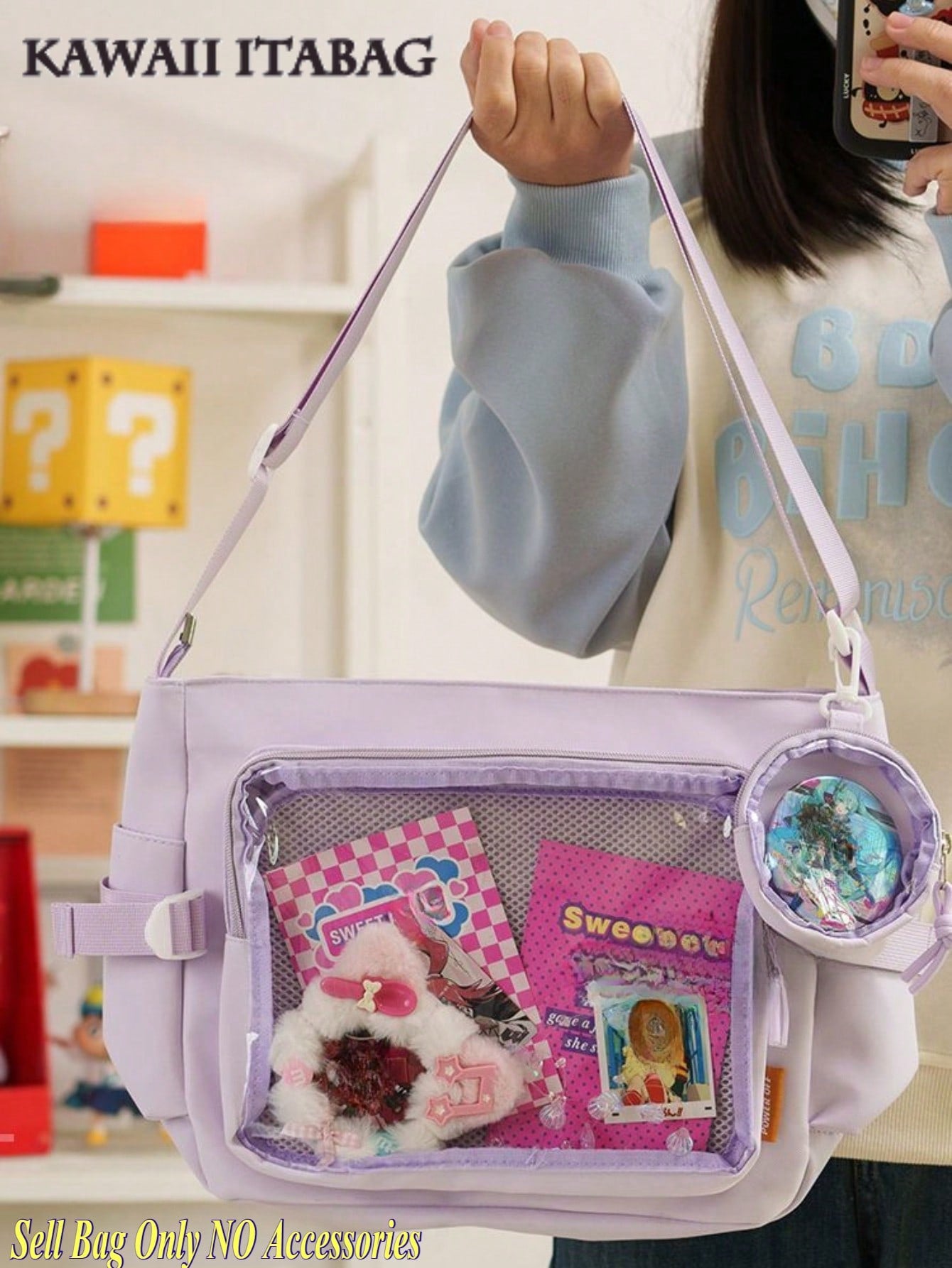 Cute-Lolita Shoulder Bag Nylon Messenger Bag Girl Y2K Japanese Ita Bag Girls Back To School Crossbody Bags Women New 2025 Ita Bag With Mini Badges Round Bag Clear Bag Transparent DIY PUT Badges Cards Bag With Badges Display Plate Fashion Japanese College