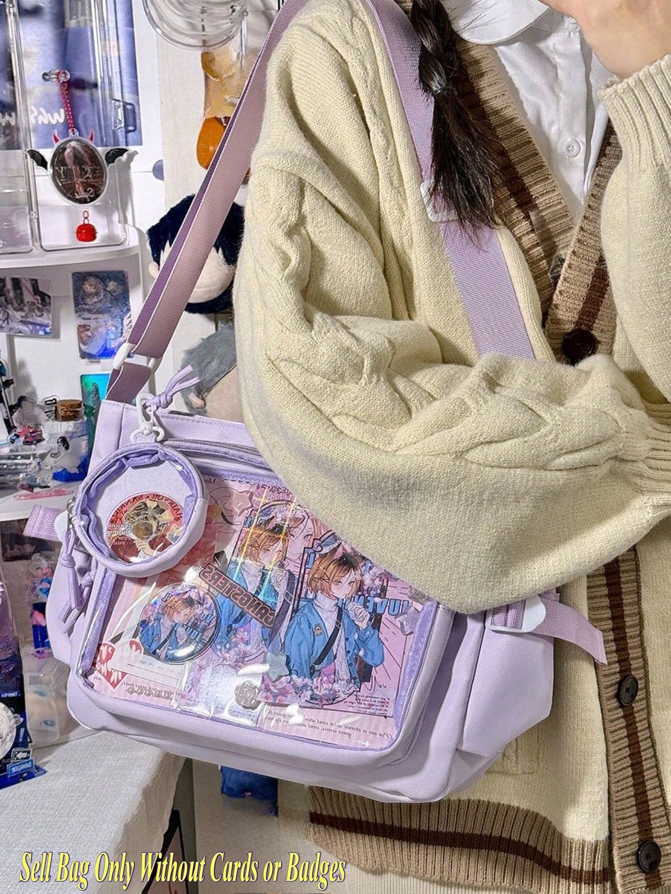 Cute-Lolita Shoulder Bag Nylon Messenger Bag Girl Y2K Japanese Ita Bag Girls Back To School Crossbody Bags Women New 2025 Ita Bag With Mini Badges Round Bag Clear Bag Transparent DIY PUT Badges Cards Bag With Badges Display Plate Fashion Japanese College