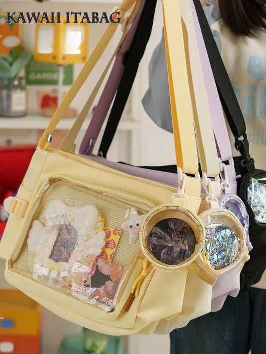 Y2K Japanese Ita Bag Girls Back To School Crossbody Bags Women New 2025 Ita Bag With Mini Badges Round Bag Cute-Lolita Shoulder Bag Nylon Messenger Bag Girl Clear Bag Transparent DIY PUT Badges Cards Bag With Badges Display Plate Fashion Japanese College