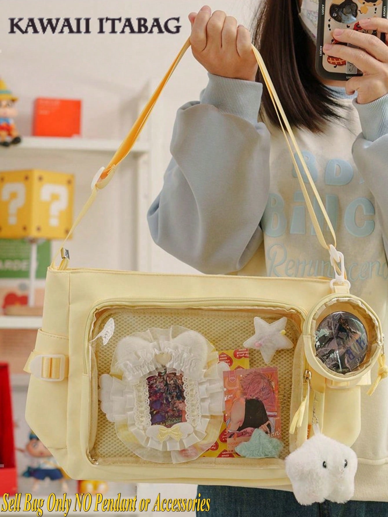 Cute-Lolita Shoulder Bag Nylon Messenger Bag Girl Y2K Japanese Ita Bag Girls Back To School Crossbody Bags Women New 2025 Ita Bag With Mini Badges Round Bag Clear Bag Transparent DIY PUT Badges Cards Bag With Badges Display Plate Fashion Japanese College