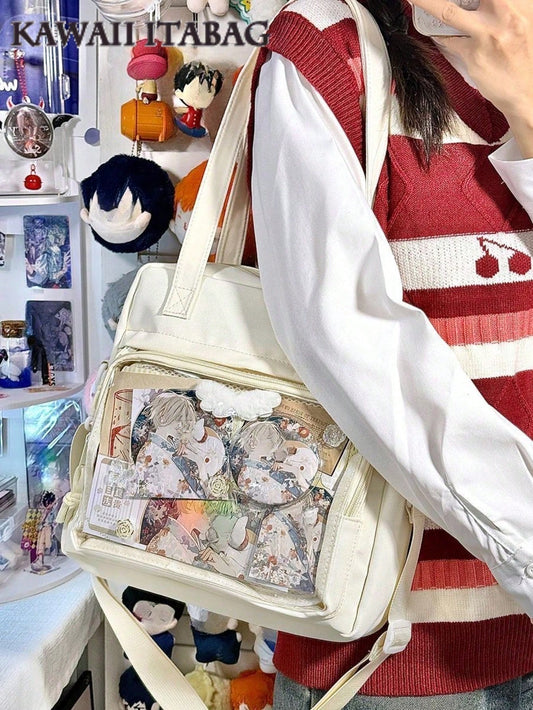 New 2025 Kawaii Ita Bag For Girls Large-Capacity Nylon Shoulder Bag Water-Resistant Crossbody Book Bag With Transparent Display Window JK Harajuku Messenger Satchel Tote Bag For College Students Cute Japanese Style With Badge