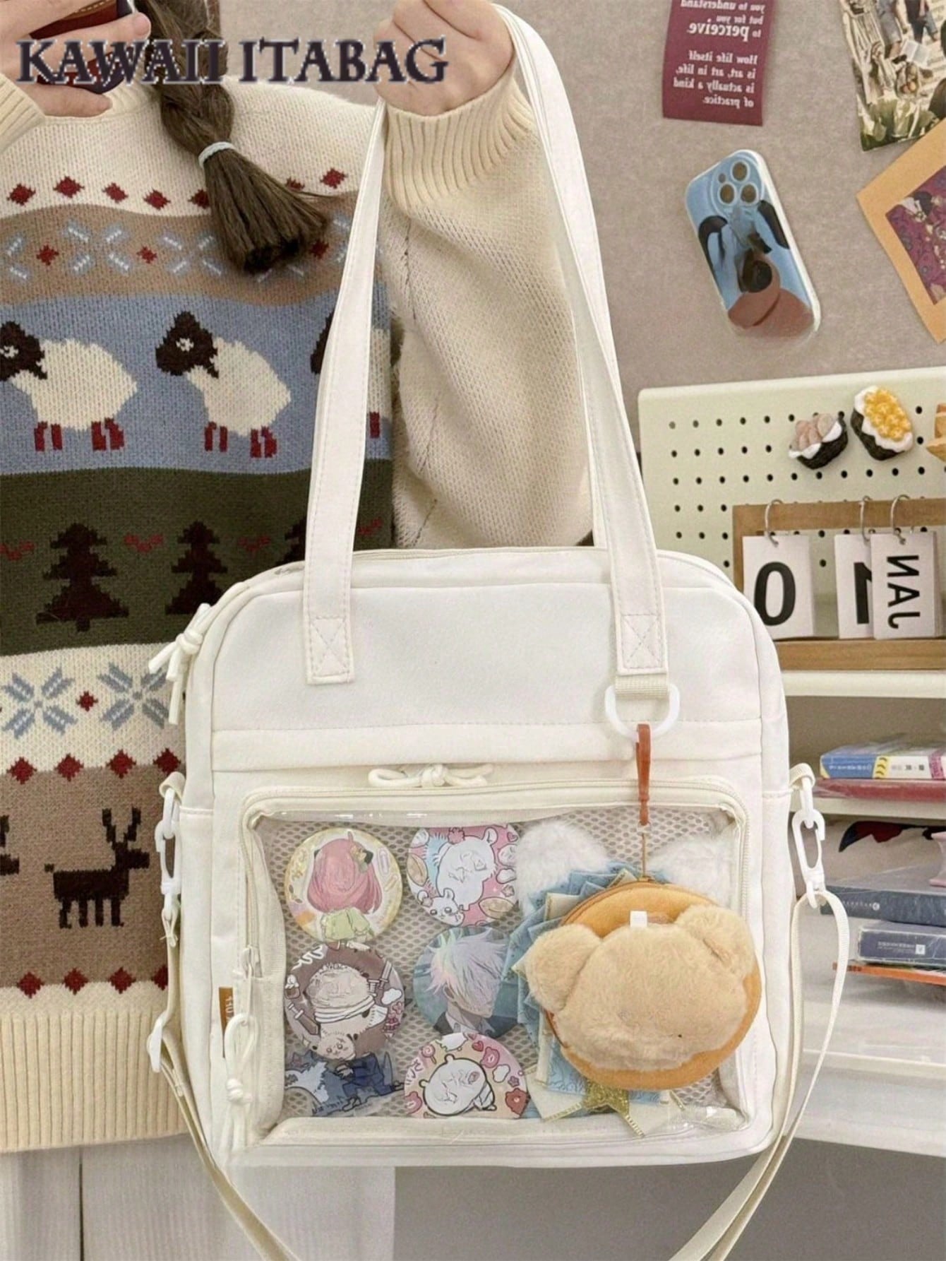 New 2025 Kawaii Ita Bag For Girls Large-Capacity Nylon Shoulder Bag Water-Resistant Crossbody Book Bag With Transparent Display Window JK Harajuku Messenger Satchel Tote Bag For College Students Cute Japanese Style With Badge
