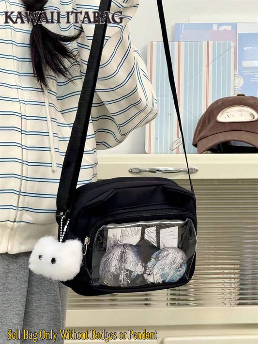 Small Crossbody Bags For Women Sling Bag Purses And Handabgs Nylon PVC Portable With Badges Display Plate Bag Good Nylon Bag Gift For Girls New Fashion 2025 Bags Kawaii Japanese Style Women Preppy Cute Lolita Clear Bag With Ears Transparent Ita Bag