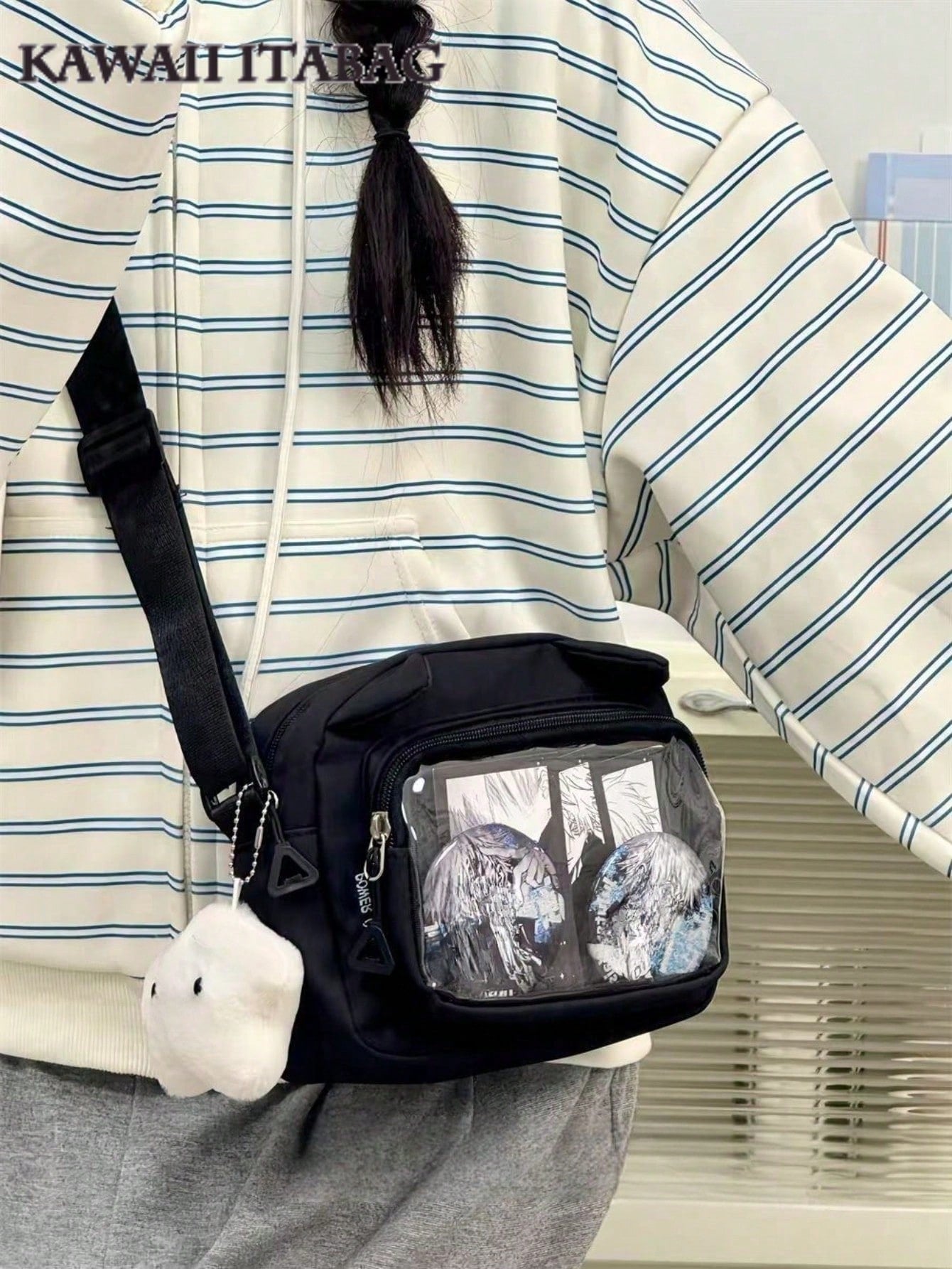 Small Crossbody Bags For Women Sling Bag Purses And Handabgs Nylon PVC Portable With Badges Display Plate Bag Good Nylon Bag Gift For Girls New Fashion 2025 Bags Kawaii Japanese Style Women Preppy Cute Lolita Clear Bag With Ears Transparent Ita Bag