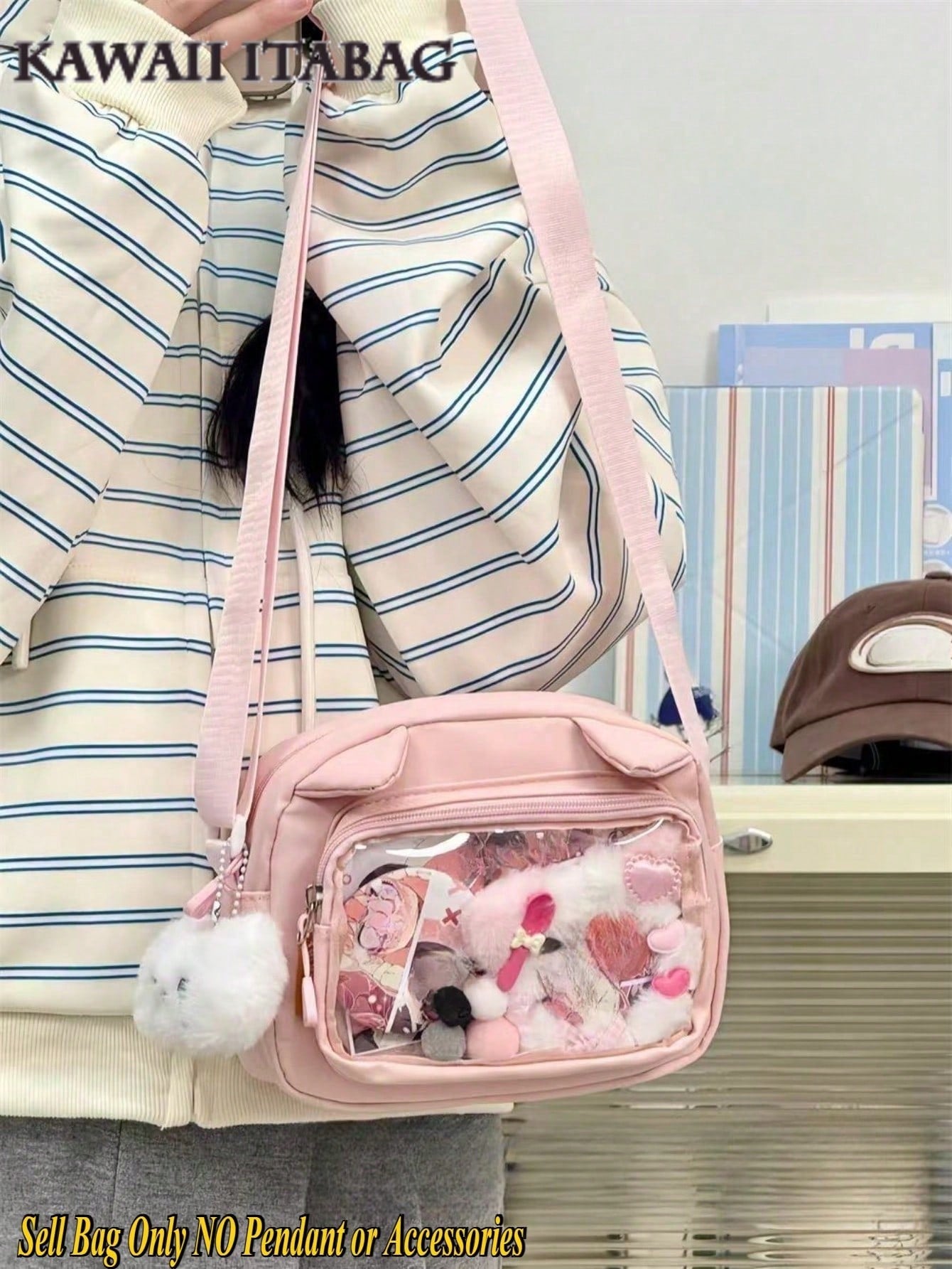 Kawaii Japanese Style Bag Women Preppy Cute Lolita Clear Bag With Ears Transparent Ita Bag Small Crossbody Bags For Women Sling Bag Purses And Handabgs Nylon PVC Portable With Badges Display Plate Bag Good Nylon Bag Gift For Girls New Fashion 2025 Bags