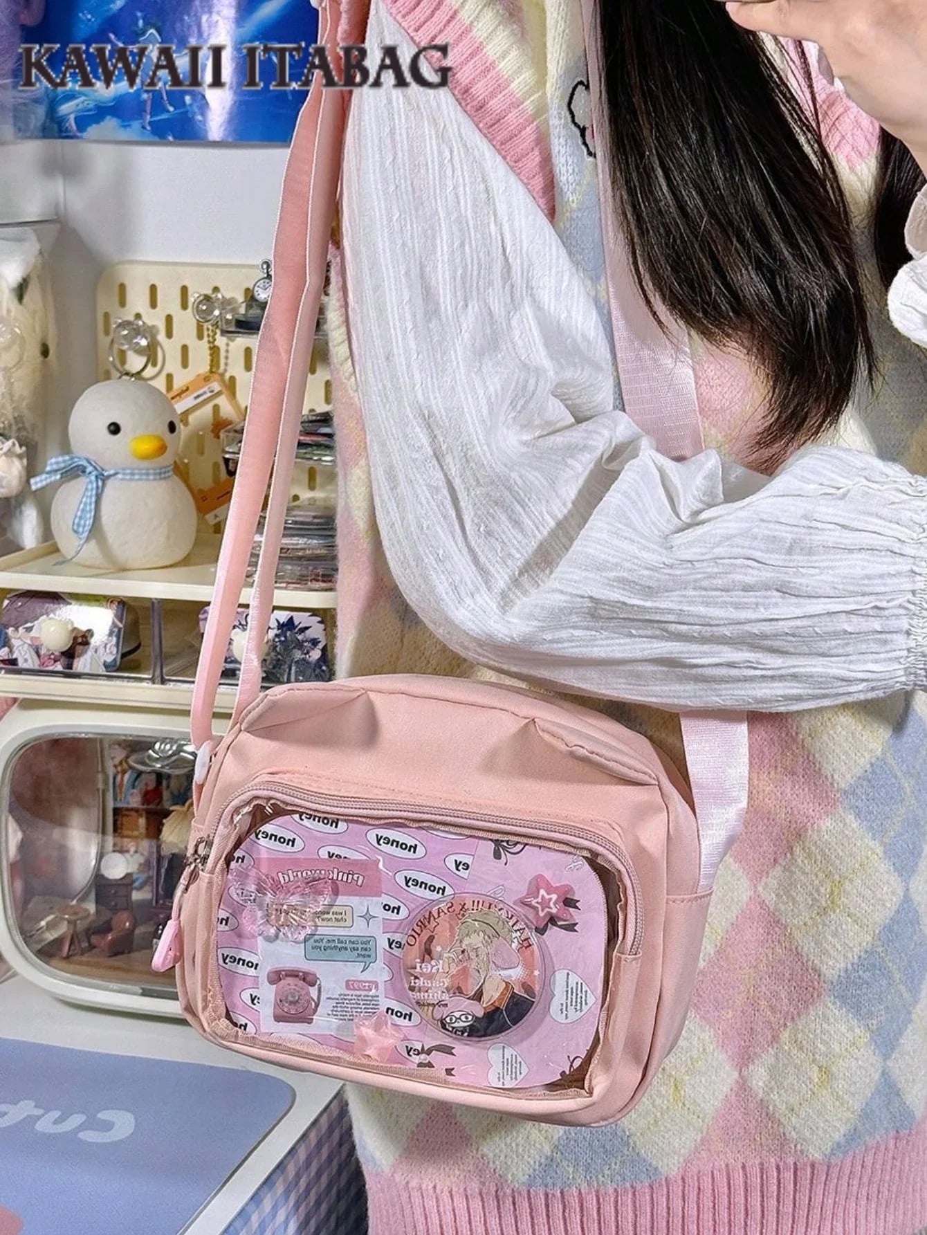 Kawaii Japanese Style Bag Women Preppy Cute Lolita Clear Bag With Ears Transparent Ita Bag Small Crossbody Bags For Women Sling Bag Purses And Handabgs Nylon PVC Portable With Badges Display Plate Bag Good Nylon Bag Gift For Girls New Fashion 2025 Bags - Ita Bag Lover