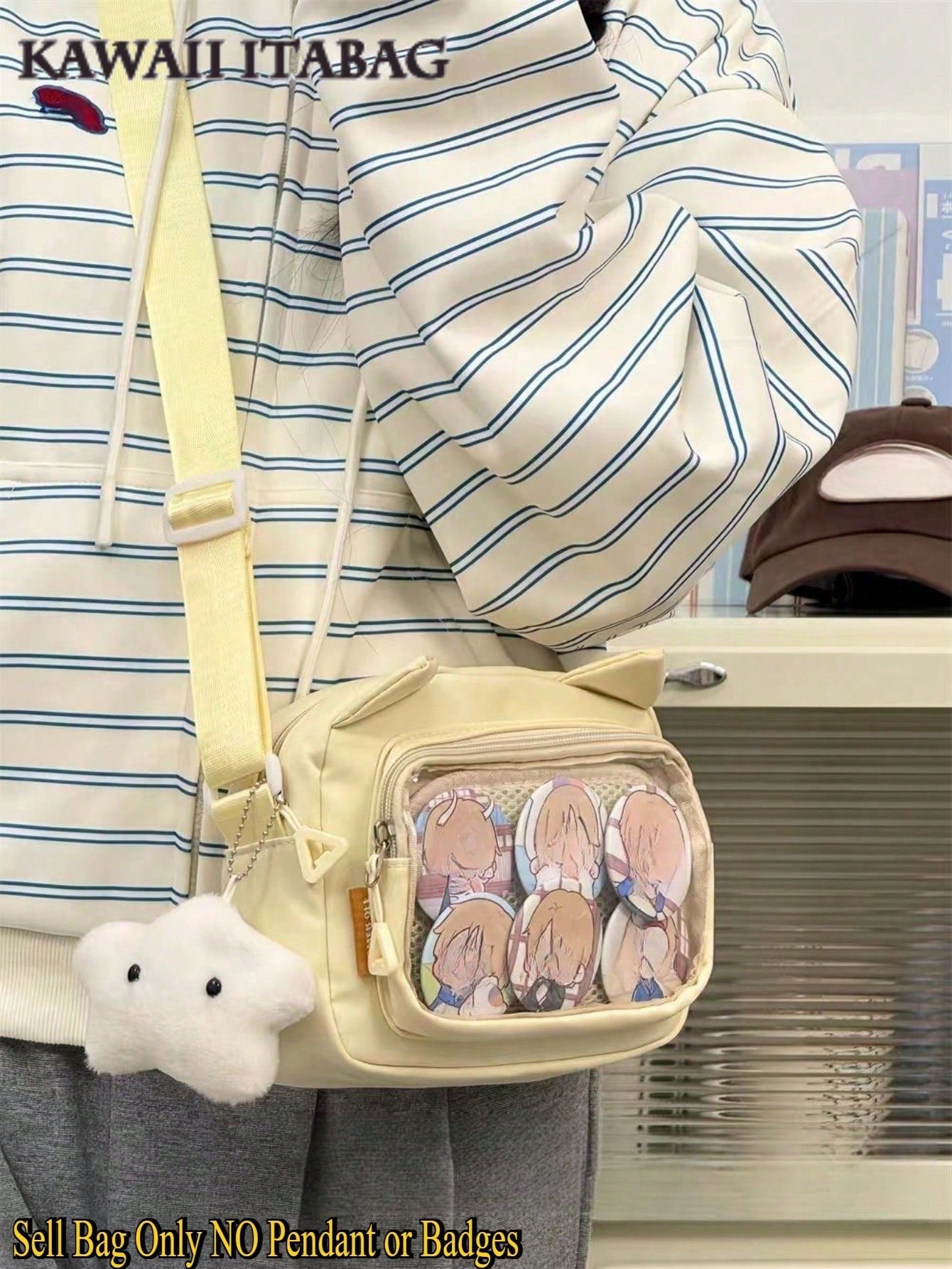 Kawaii Japanese Style Bag Women Preppy Cute Lolita Clear Bag With Ears Transparent Ita Bag Small Crossbody Bags For Women Sling Bag Purses And Handabgs Nylon PVC Portable With Badges Display Plate Bag Good Nylon Bag Gift For Girls New Fashion 2025 Bags