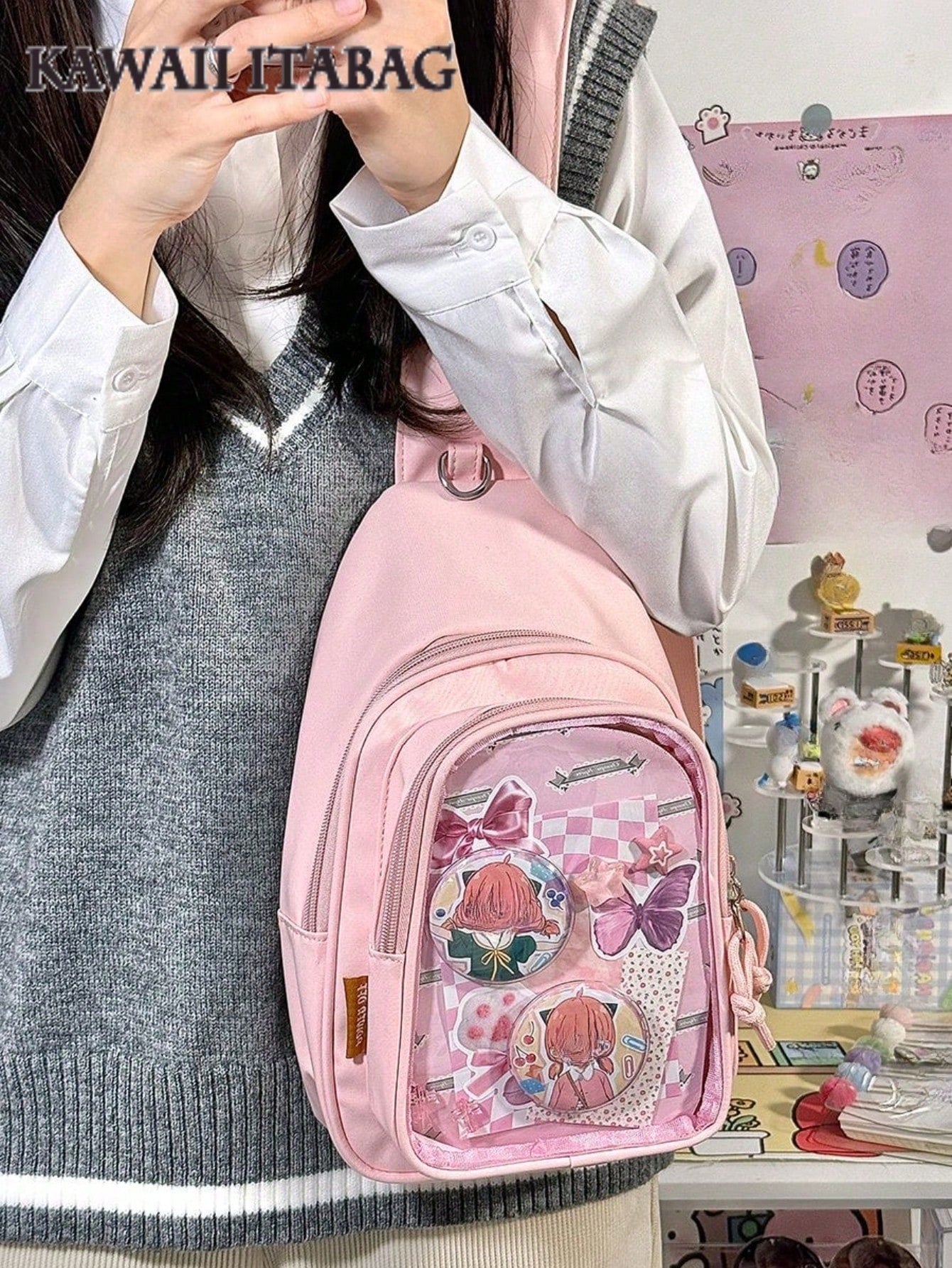 Kawaii Ita Crossbody Sling Bag for 10CM Plush – Clear Display Pocket with Insert Board | Cute Nylon Backpack for Girls, School, Anime & Comic Con Transparent Pocket, School Shoulder Bag for College Girls & Anime Fans