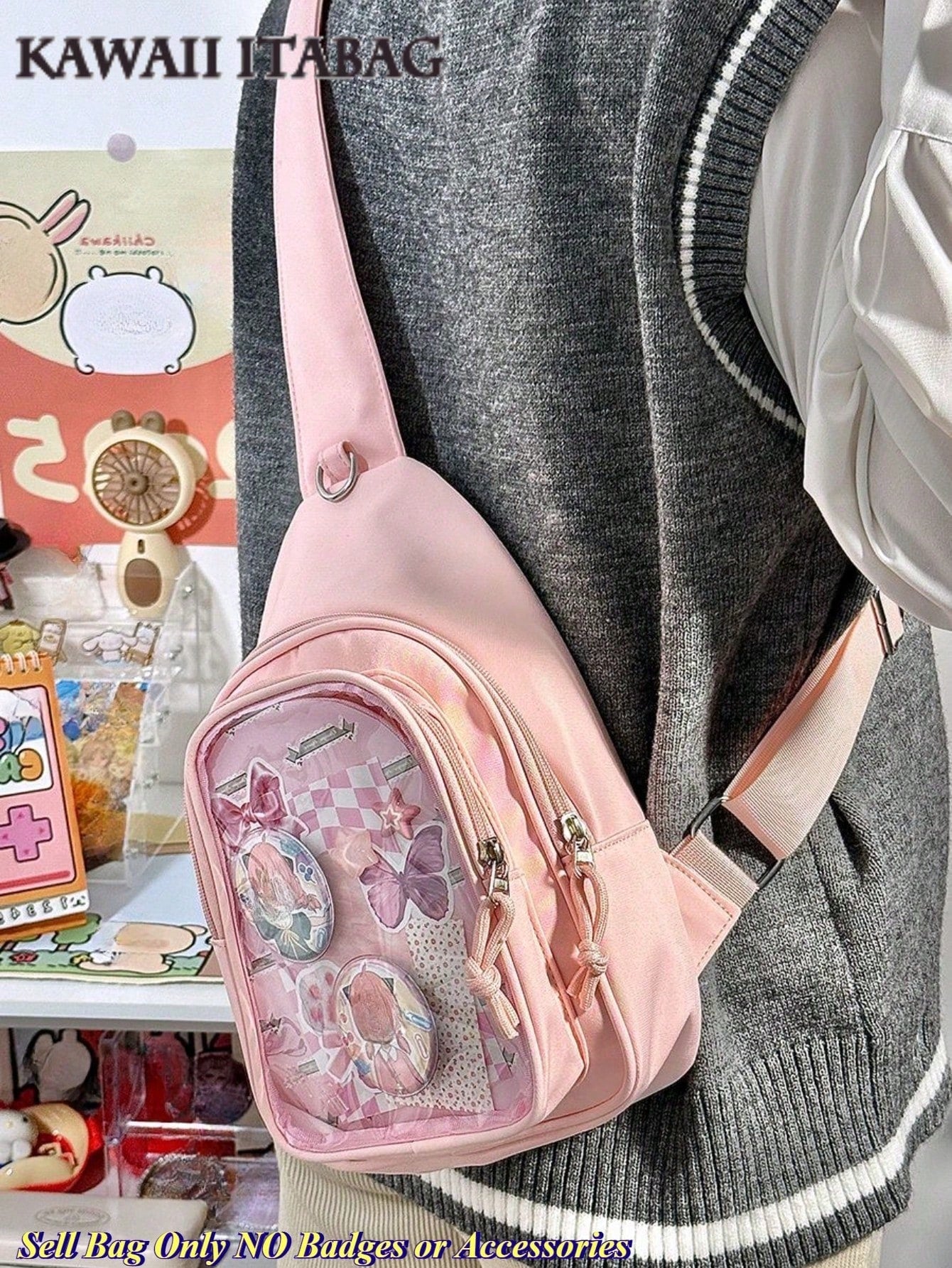 Kawaii Ita Crossbody Sling Bag for 10CM Plush – Clear Display Pocket with Insert Board | Cute Nylon Backpack for Girls, School, Anime & Comic Con Transparent Pocket, School Shoulder Bag for College Girls & Anime Fans