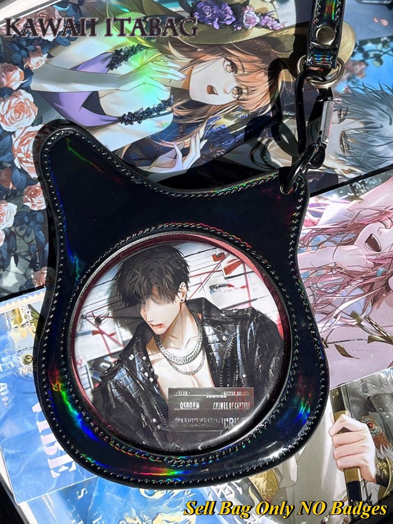 Holographic Bass Cat Ear Badge Holder Bag - 58mm/75mm Pin Display Itabag Crossbody Shoulder Purse For Anime Pins, Enamel Pins, Kawaii Accessories Bag Charm, Purse Accessory For Anime Fans, Concerts, Cosplay, Travel, Outdoor, Kawaii Style