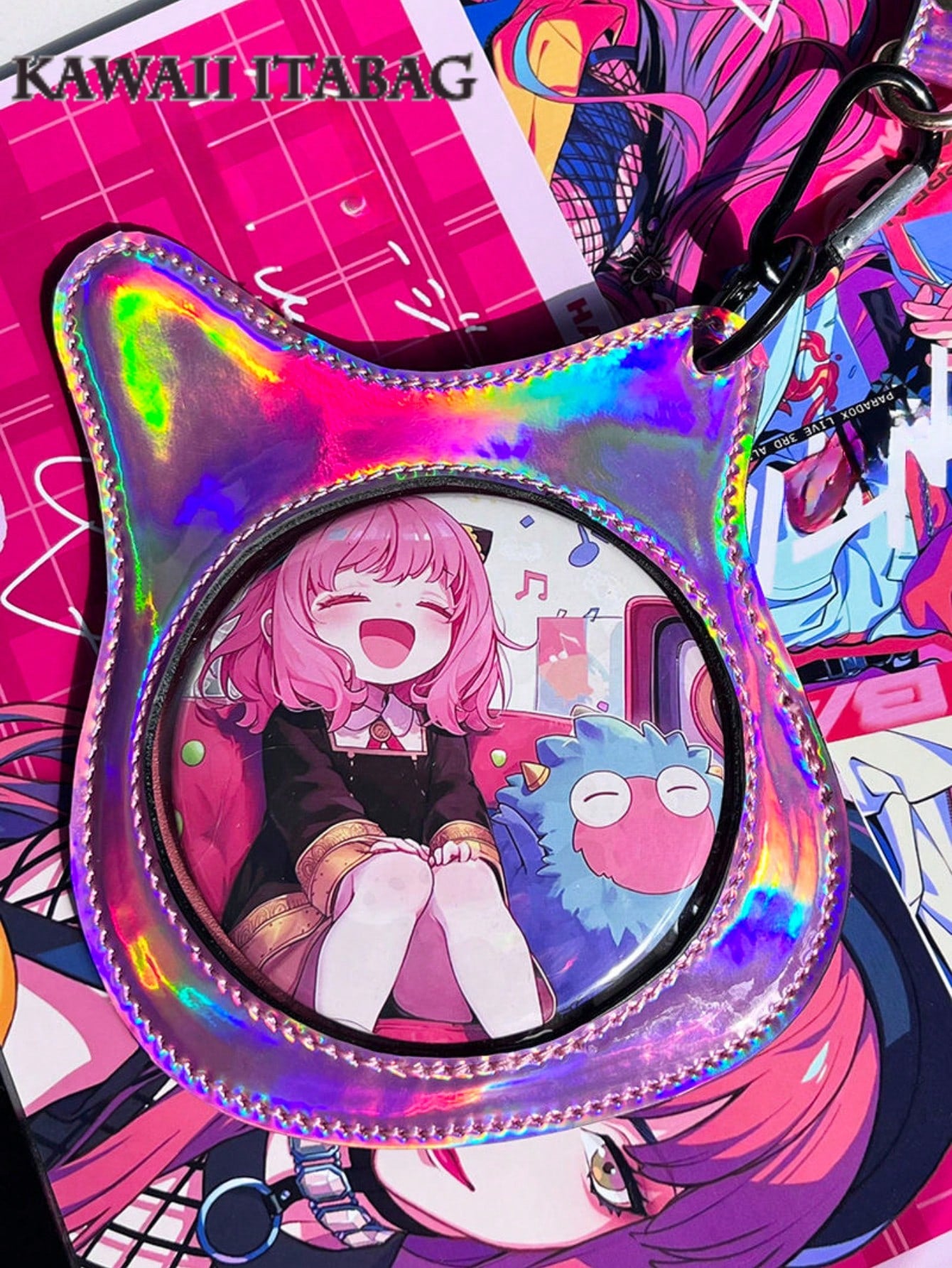 Holographic Bass Cat Ear Badge Holder Bag - 58mm/75mm Pin Display Itabag Crossbody Shoulder Purse For Anime Pins, Enamel Pins, Kawaii Accessories Bag Charm, Purse Accessory For Anime Fans, Concerts, Cosplay, Travel, Outdoor, Kawaii Style