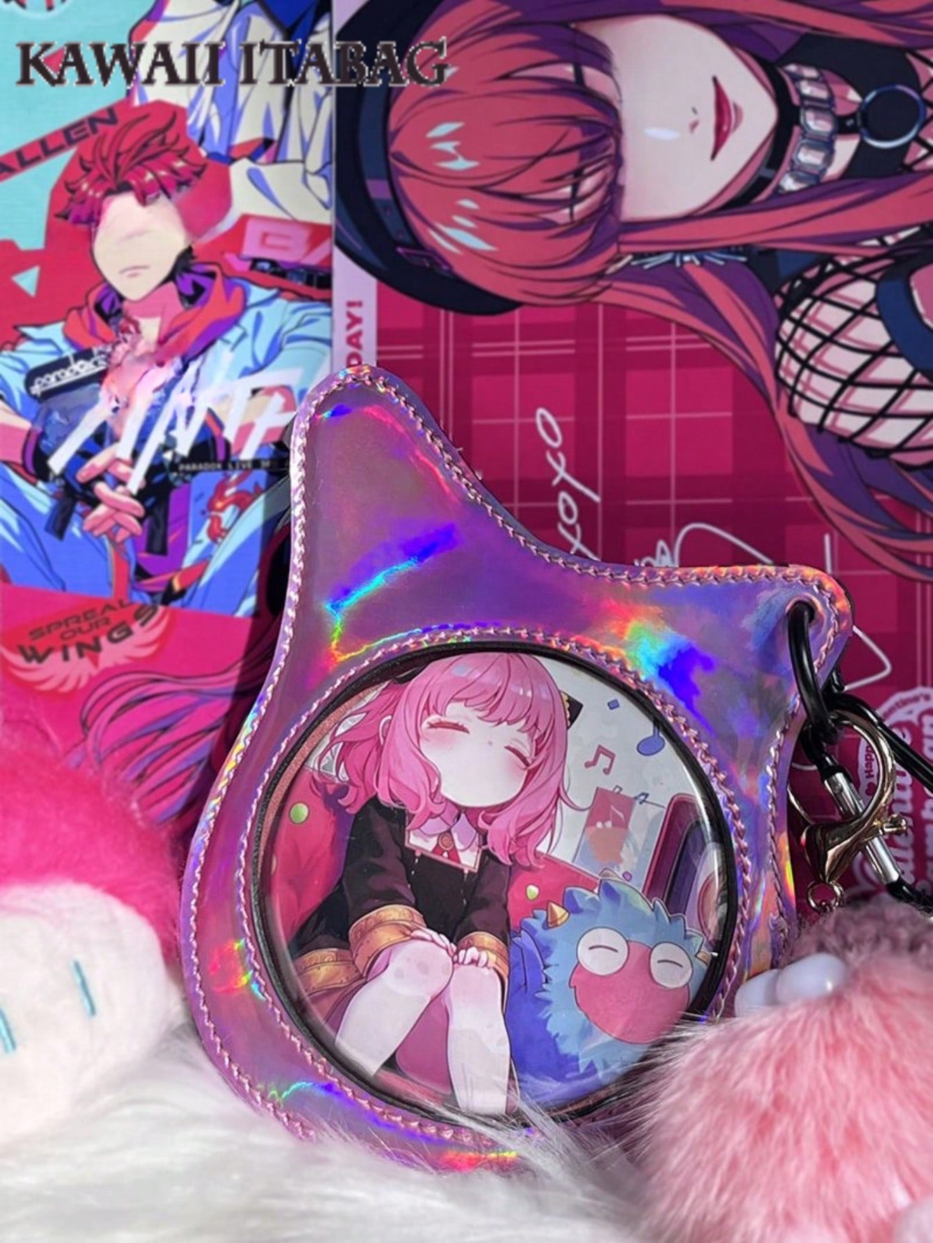 Holographic Bass Cat Ear Badge Holder Bag - 58mm/75mm Pin Display Itabag Crossbody Shoulder Purse For Anime Pins, Enamel Pins, Kawaii Accessories Bag Charm, Purse Accessory For Anime Fans, Concerts, Cosplay, Travel, Outdoor, Kawaii Style