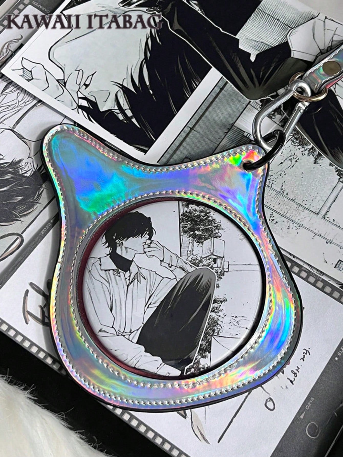 Holographic Bass Cat Ear Badge Holder Bag - 58mm/75mm Pin Display Itabag Crossbody Shoulder Purse For Anime Pins, Enamel Pins, Kawaii Accessories Bag Charm, Purse Accessory For Anime Fans, Concerts, Cosplay, Travel, Outdoor, Kawaii Style