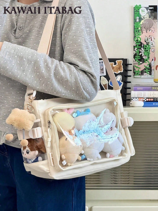 New Simple Girls Shoulder Bag Preppy College Student Handbags Bag With Badges Display Plate Small Side Pocket Can Put 10cm Dolls DIY Ita Bag JK Back To School Gifts Concer Kawaii Japanese School Crossbody Bags Basic Style Solid Color Clear Transparent Bag