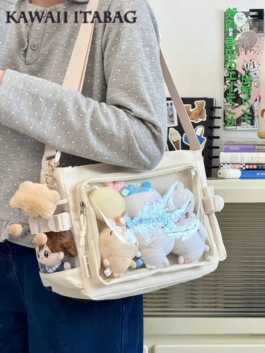 large ita crossbody bag ivory clear window multiple 10cm plushies inside display messenger