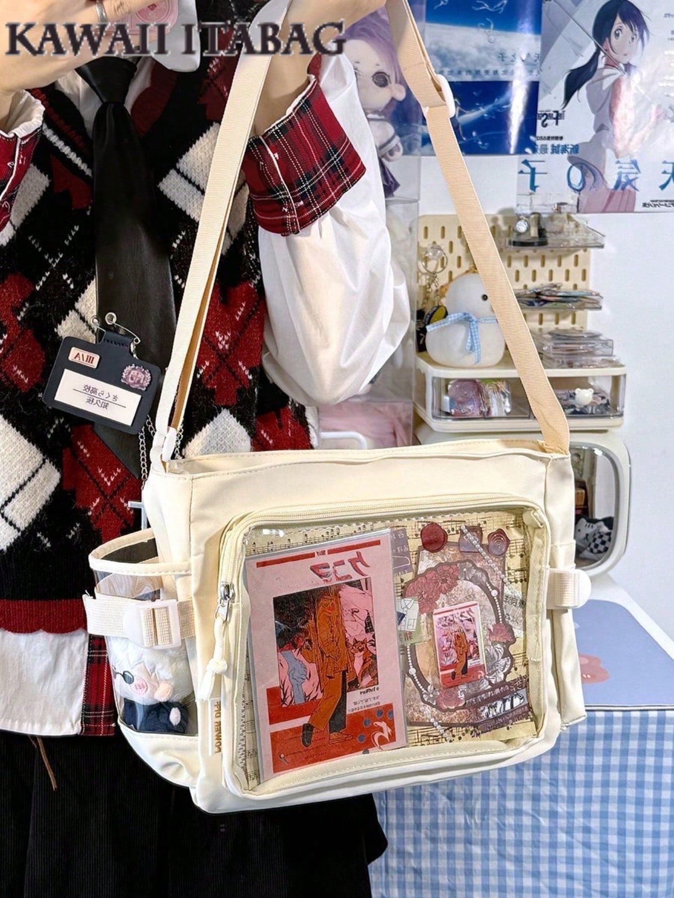 New Simple Girls Shoulder Bag Preppy College Student Handbags Bag With Badges Display Plate Small Side Pocket Can Put 10cm Dolls DIY Ita Bag JK Back To School Gifts Concer Kawaii Japanese School Crossbody Bags Basic Style Solid Color Clear Transparent Bag