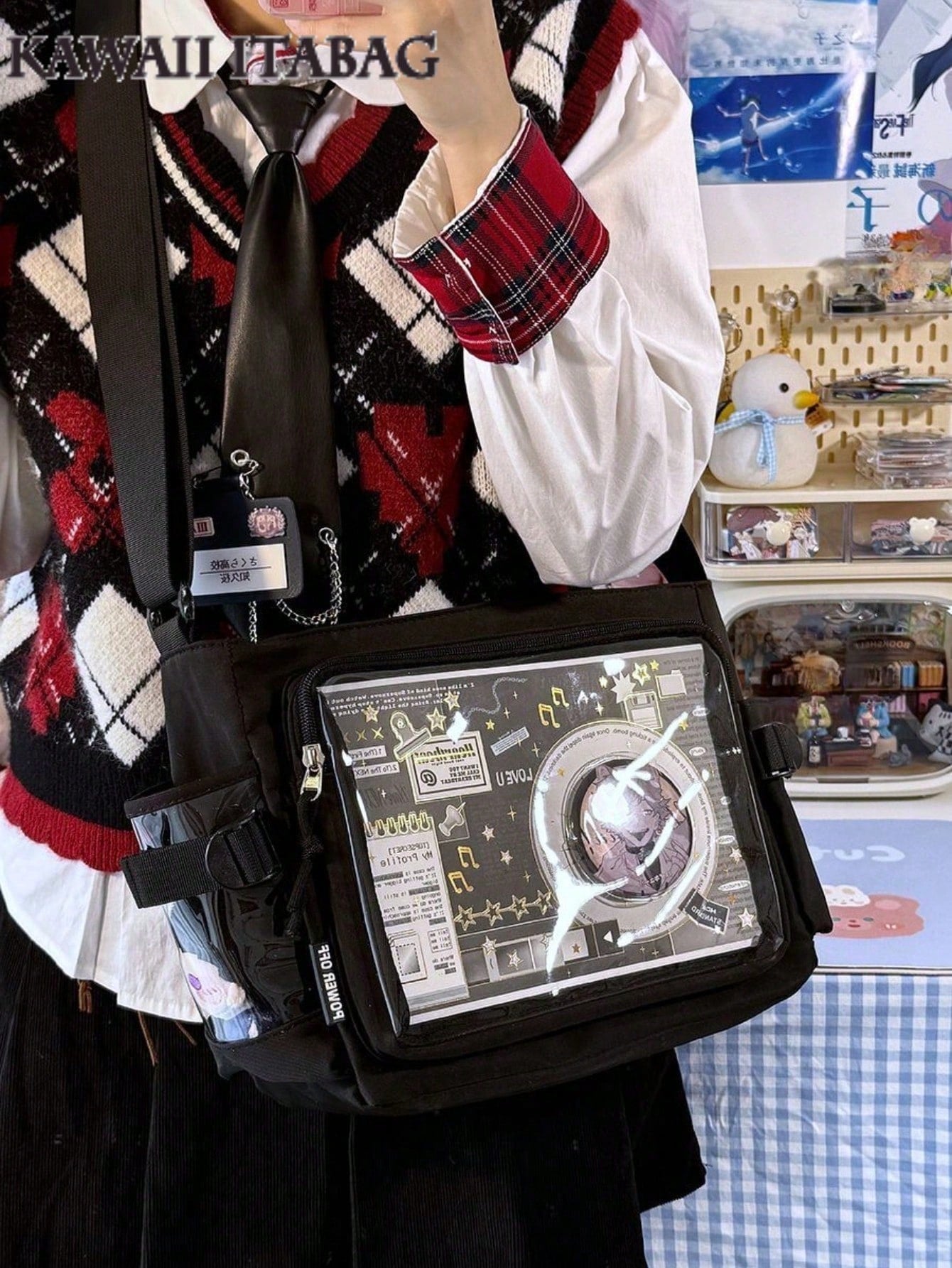 New Simple Girls Shoulder Bag Preppy College Student Handbags Bag With Badges Display Plate Small Side Pocket Can Put 10cm Dolls DIY Ita Bag JK Back To School Gifts Concer Kawaii Japanese School Crossbody Bags Basic Style Solid Color Clear Transparent Bag
