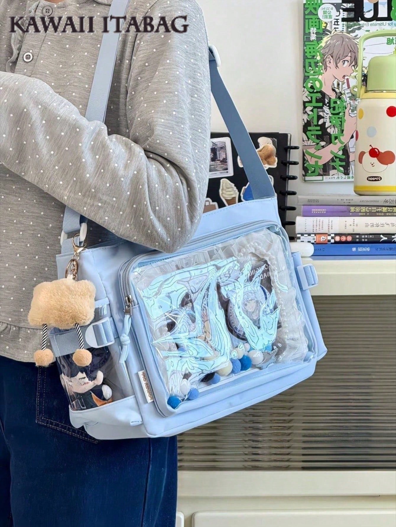 Preppy College Student Handbags With Badges Display Plate Small Side Pocket Can Put 10cm Dolls DIY Ita Bag JK Back To School Gifts Concert Anime Kawaii Japanese School Crossbody Bags Basic Style Solid Color Clear Transparent New Simple Girls Shoulder Bag