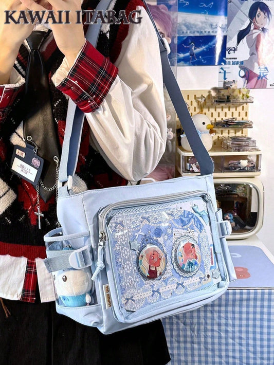 Preppy College Student Handbags With Badges Display Plate Small Side Pocket Can Put 10cm Dolls DIY Ita Bag JK Back To School Gifts Concert Anime Kawaii Japanese School Crossbody Bags Basic Style Solid Color Clear Transparent New Simple Girls Shoulder Bag