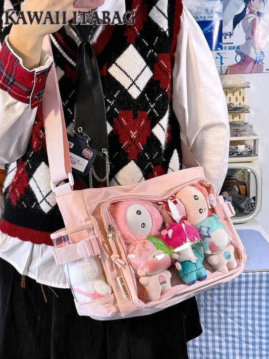 Preppy College Student Handbags With Badges Display Plate Small Side Pocket Can Put 10cm Dolls DIY Ita Bag JK Back To School Gifts Concert Anime Kawaii Japanese School Crossbody Bags Basic Style Solid Color Clear Transparent New Simple Girls Shoulder Bag - Ita Bag Lover