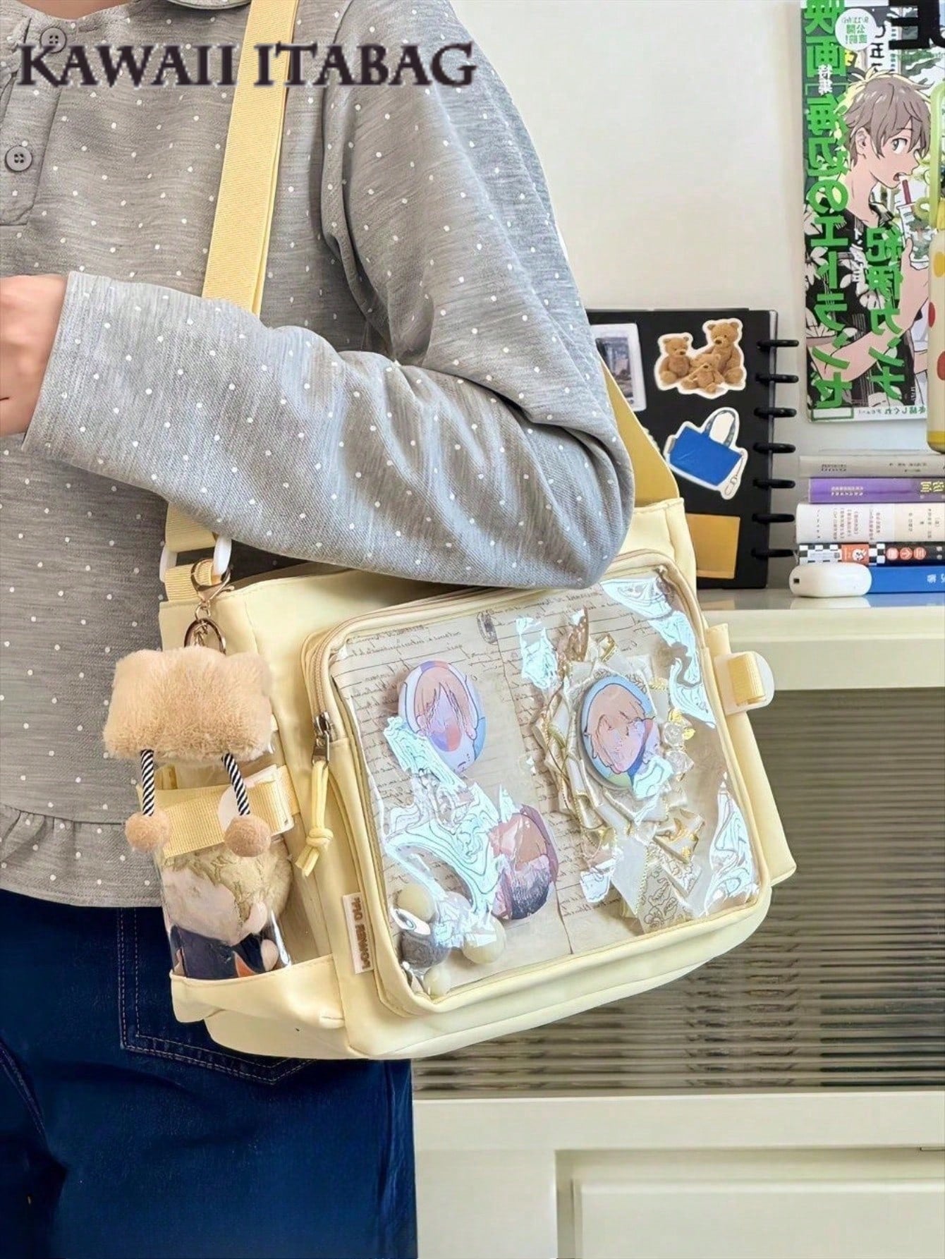Preppy College Student Handbags With Badges Display Plate Small Side Pocket Can Put 10cm Dolls DIY Ita Bag JK Back To School Gifts Concert Anime Kawaii Japanese School Crossbody Bags Basic Style Solid Color Clear Transparent New Simple Girls Shoulder Bag