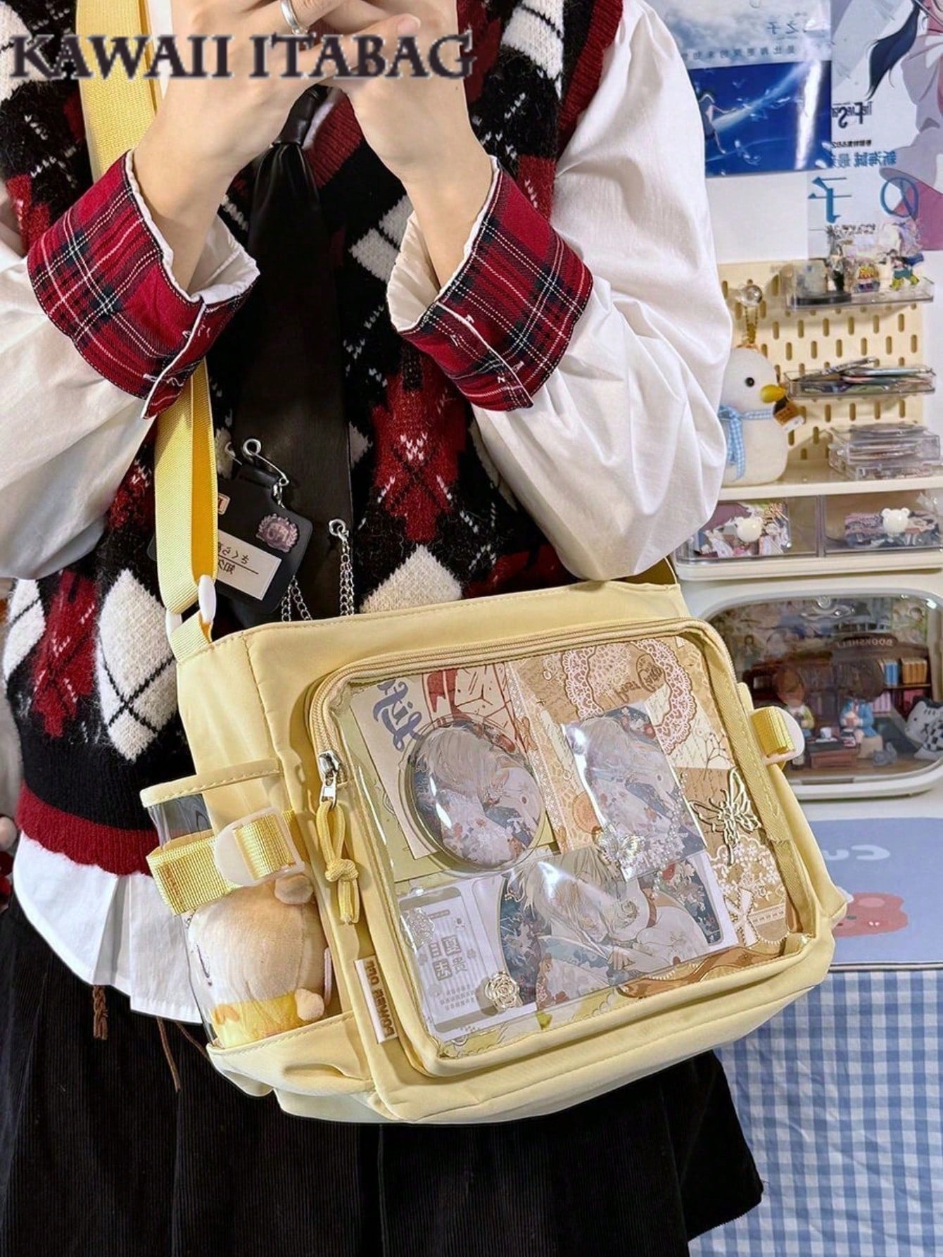 New Simple Girls Shoulder Bag Preppy College Student Handbags Bag With Badges Display Plate Small Side Pocket Can Put 10cm Dolls DIY Ita Bag JK Back To School Gifts Concer Kawaii Japanese School Crossbody Bags Basic Style Solid Color Clear Transparent Bag