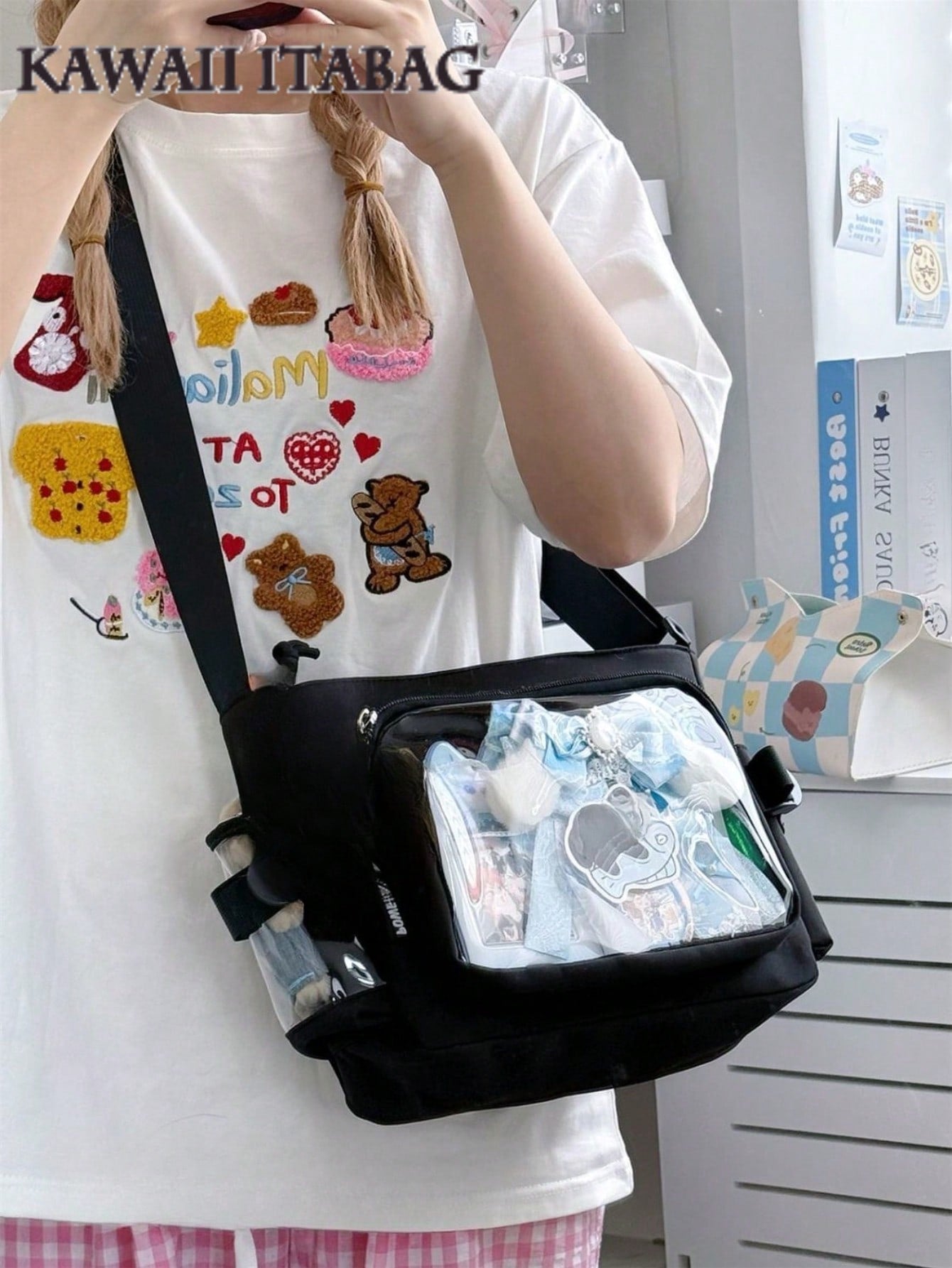 Japanese Style Preppy Crossbody Bags Women Purses And Handbags DIY Shoulder Bag With Badges Display Plate Back To School Gifts Anime Fans Concert Pins Bag Kawaii Small Bag Girls Solid Color With Clear Transparent Pocket 10CM Dolls Bag