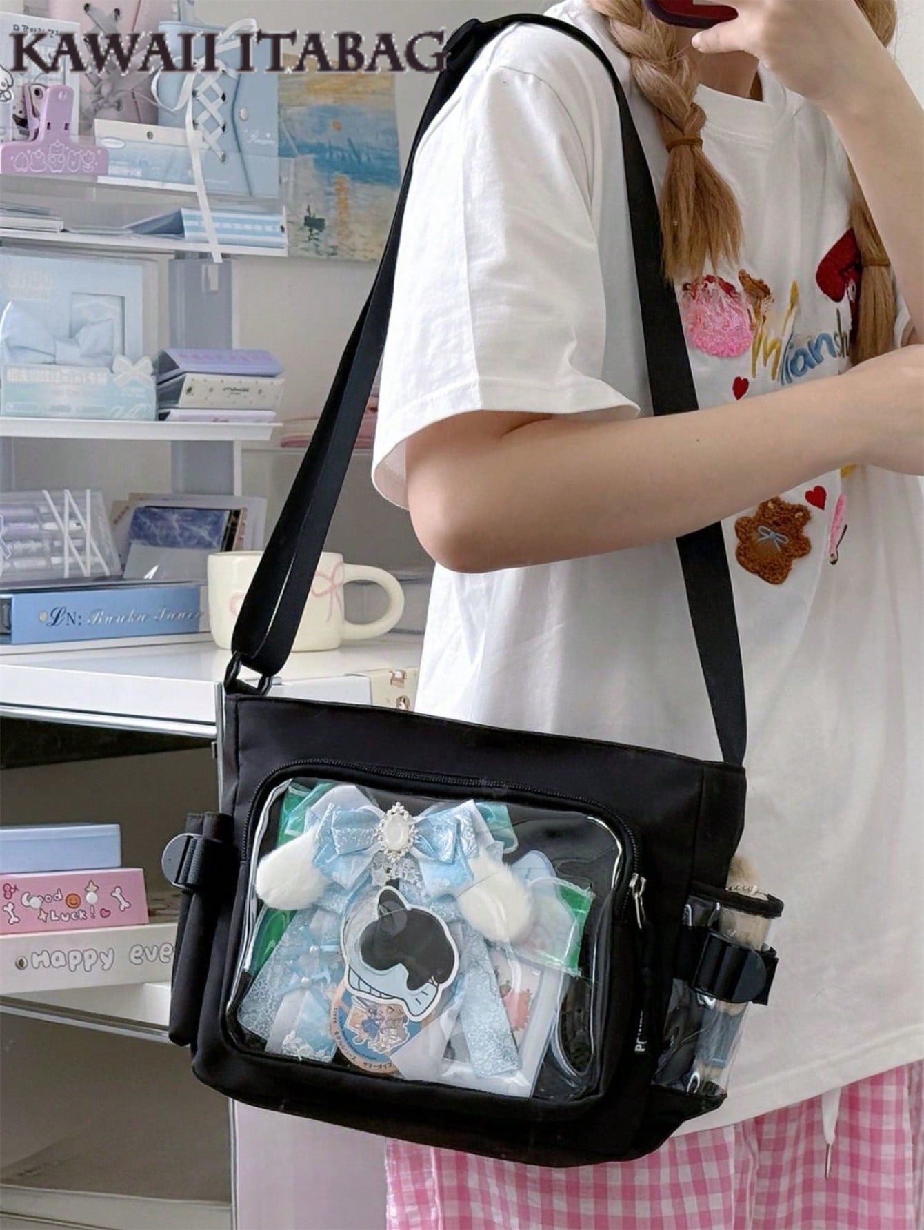 Japanese Style Preppy Crossbody Bags Women Purses And Handbags DIY Shoulder Bag With Badges Display Plate Back To School Gifts Anime Fans Concert Pins Bag Kawaii Small Ita Bag Girls Pure Color With Clear Transparent Pocket 10CM Dolls Ita Bag