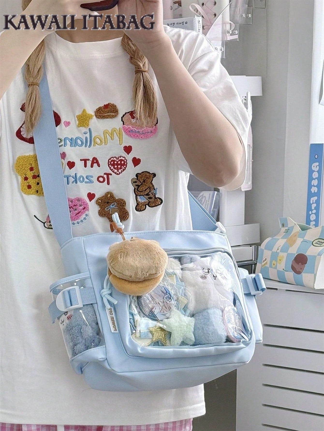 Japanese Style Preppy Crossbody Bags Women Purses And Handbags DIY Shoulder Bag With Badges Display Plate Back To School Gifts Anime Fans Concert Pins Bag Kawaii Small Ita Bag Girls Pure Color With Clear Transparent Pocket 10CM Dolls Ita Bag