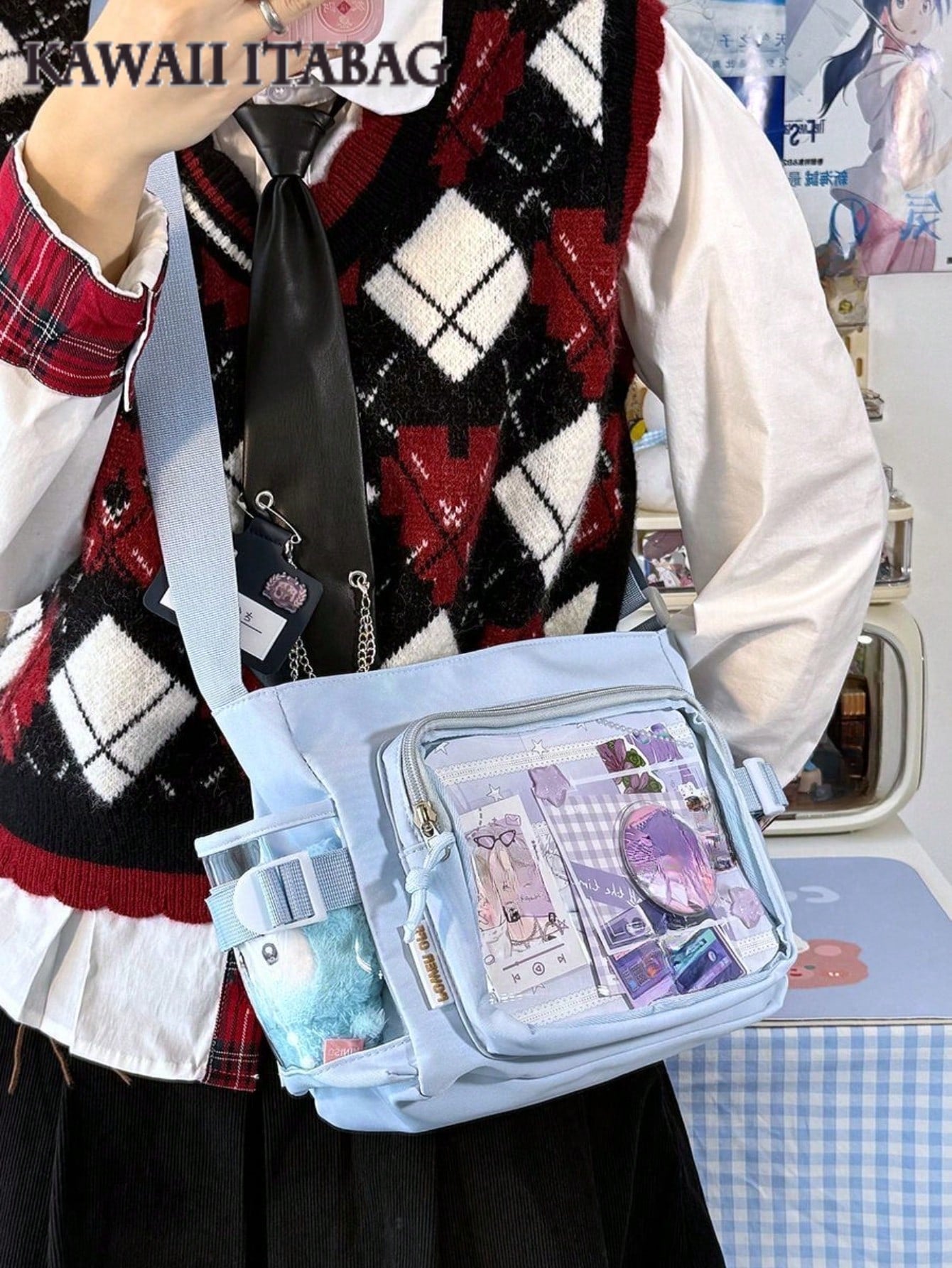 Japanese Style Preppy Crossbody Bags Women Purses And Handbags DIY Shoulder Bag With Badges Display Plate Back To School Gifts Anime Fans Concert Pins Bag Kawaii Small Ita Bag Girls Pure Color With Clear Transparent Pocket 10CM Dolls Ita Bag