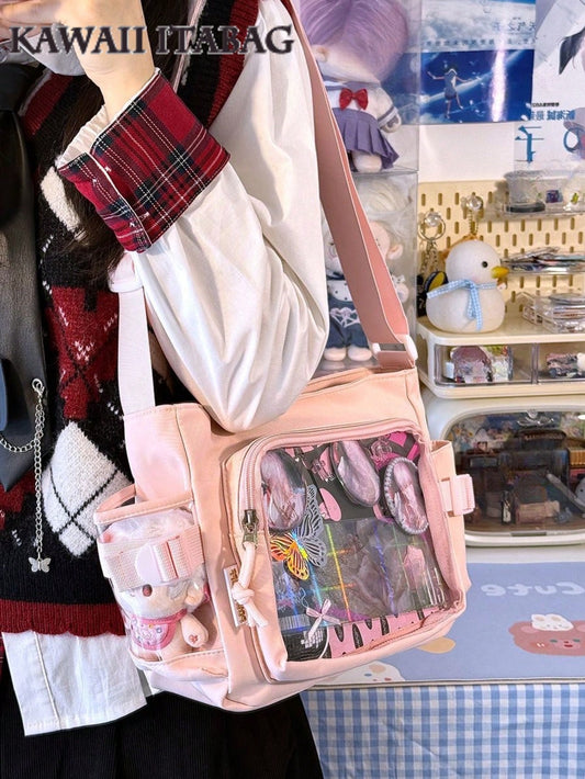 Japanese Style Preppy Crossbody Bags Women Purses And Handbags DIY Shoulder Bag With Badges Display Plate Back To School Gifts Anime Fans Concert Pins Bag Kawaii Small Bag Girls Solid Color With Clear Transparent Pocket 10CM Dolls Bag
