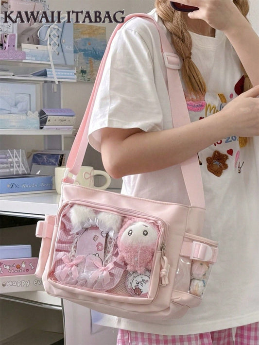 Japanese Style Preppy Crossbody Bags Women Purses And Handbags DIY Shoulder Bag With Badges Display Plate Back To School Gifts Anime Fans Concert Pins Bag Kawaii Small Bag Girls Solid Color With Clear Transparent Pocket 10CM Dolls Bag