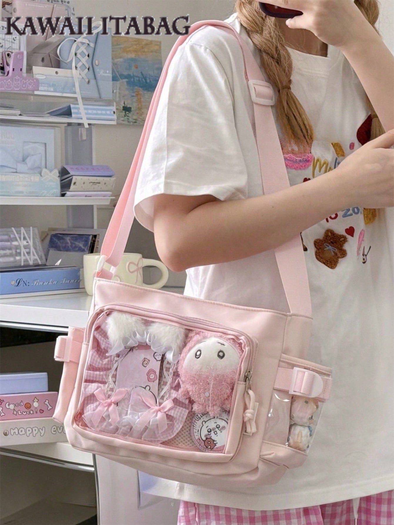 Japanese Style Preppy Crossbody Bags Women Purses And Handbags DIY Shoulder Bag With Badges Display Plate Back To School Gifts Anime Fans Concert Pins Bag Kawaii Small Ita Bag Girls Pure Color With Clear Transparent Pocket 10CM Dolls Ita Bag