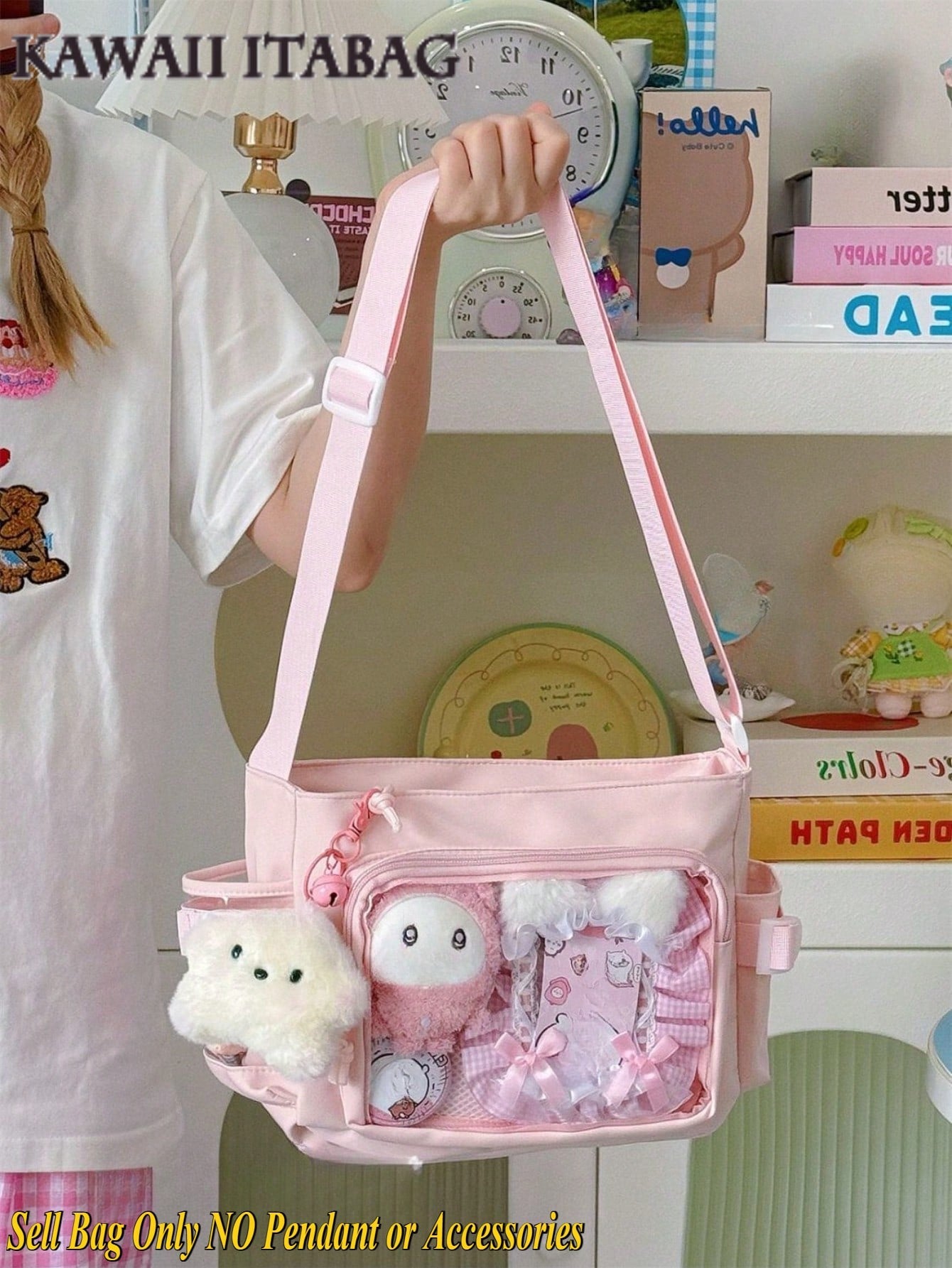 Japanese Style Preppy Crossbody Bags Women Purses And Handbags DIY Shoulder Bag With Badges Display Plate Back To School Gifts Anime Fans Concert Pins Bag Kawaii Small Ita Bag Girls Pure Color With Clear Transparent Pocket 10CM Dolls Ita Bag