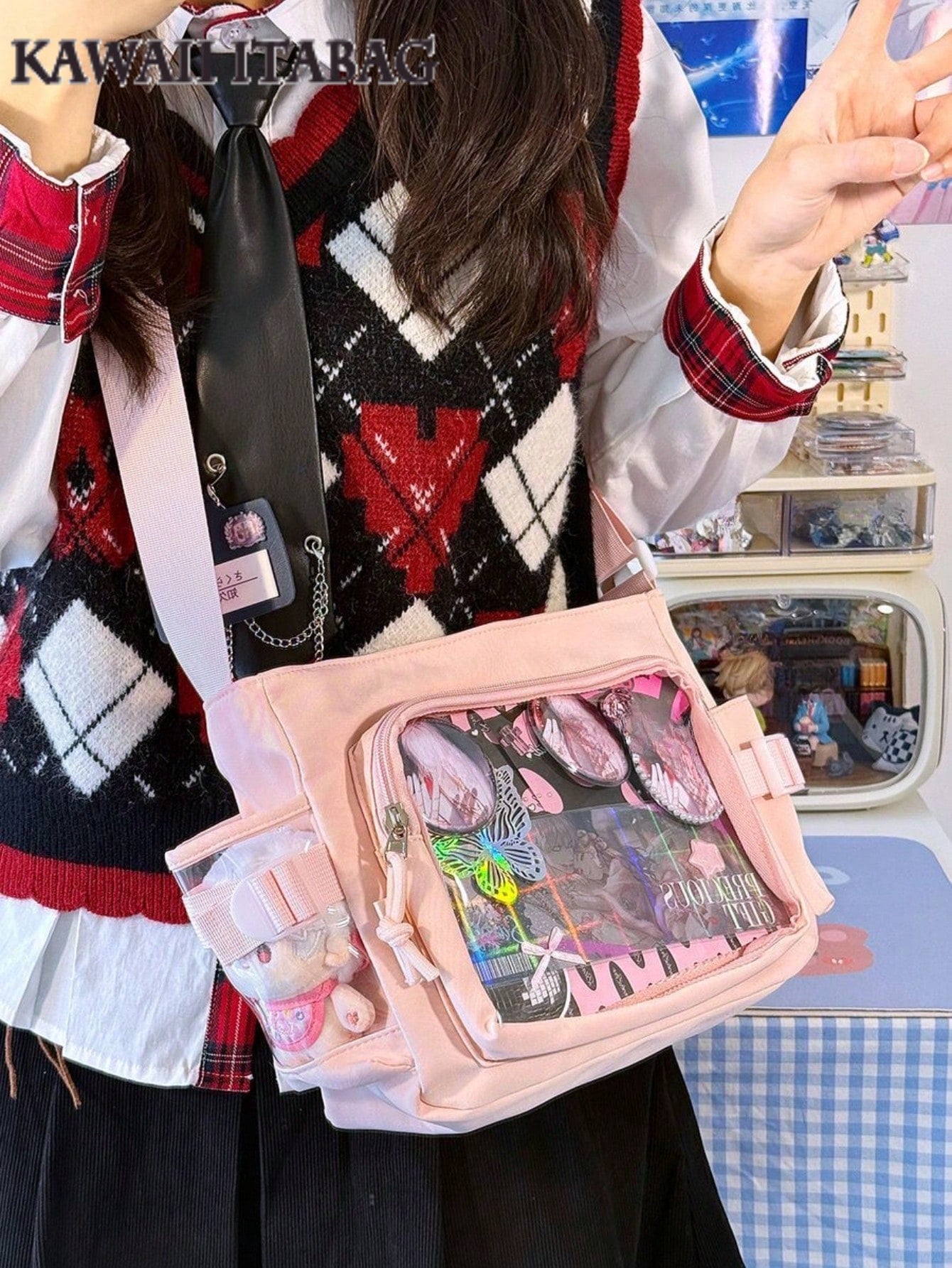 Japanese Style Preppy Crossbody Bags Women Purses And Handbags DIY Shoulder Bag With Badges Display Plate Back To School Gifts Anime Fans Concert Pins Bag Kawaii Small Ita Bag Girls Pure Color With Clear Transparent Pocket 10CM Dolls Ita Bag