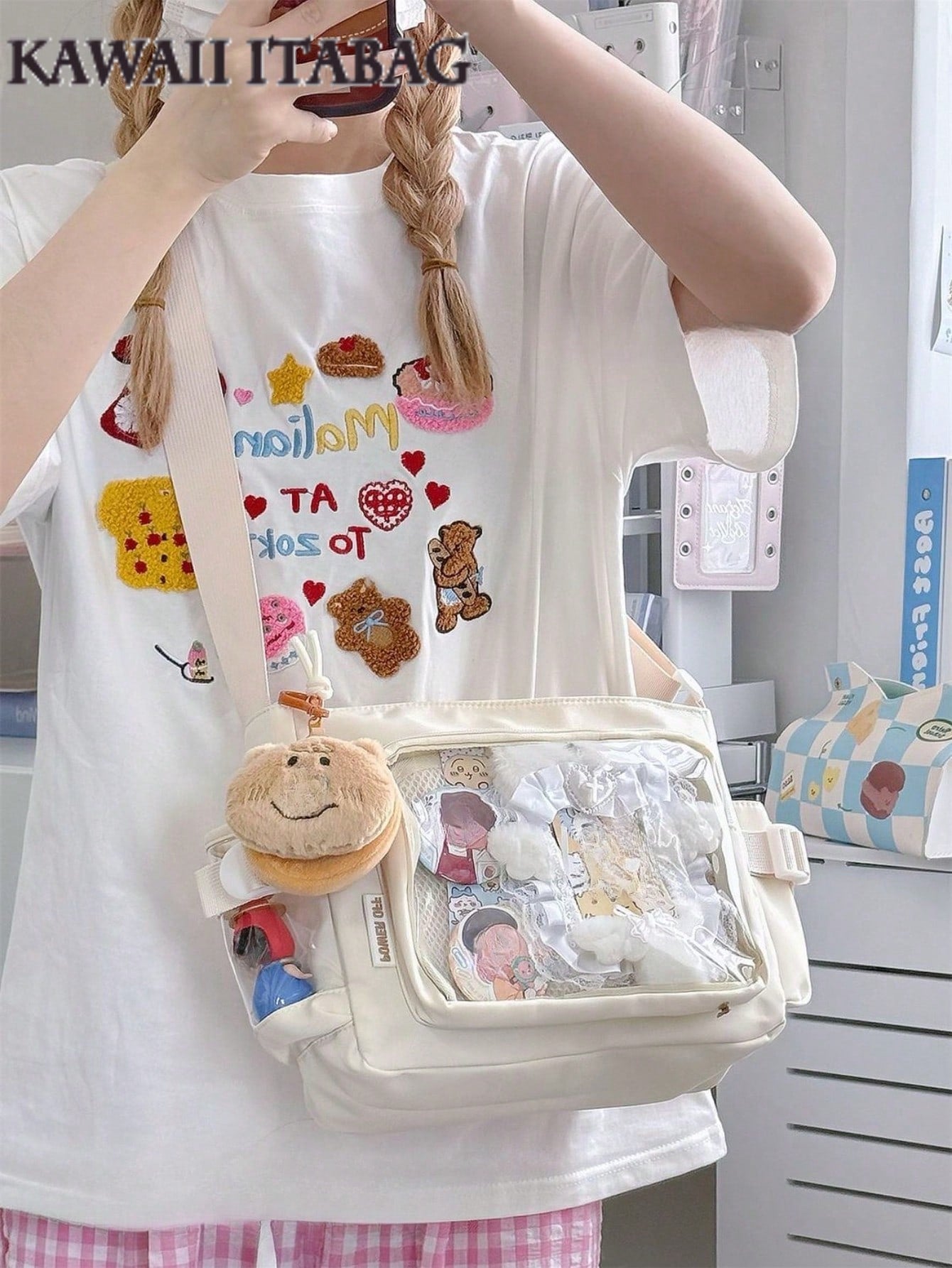 Japanese Style Preppy Crossbody Bags Women Purses And Handbags DIY Shoulder Bag With Badges Display Plate Back To School Gifts Anime Fans Concert Pins Bag Kawaii Small Ita Bag Girls Pure Color With Clear Transparent Pocket 10CM Dolls Ita Bag